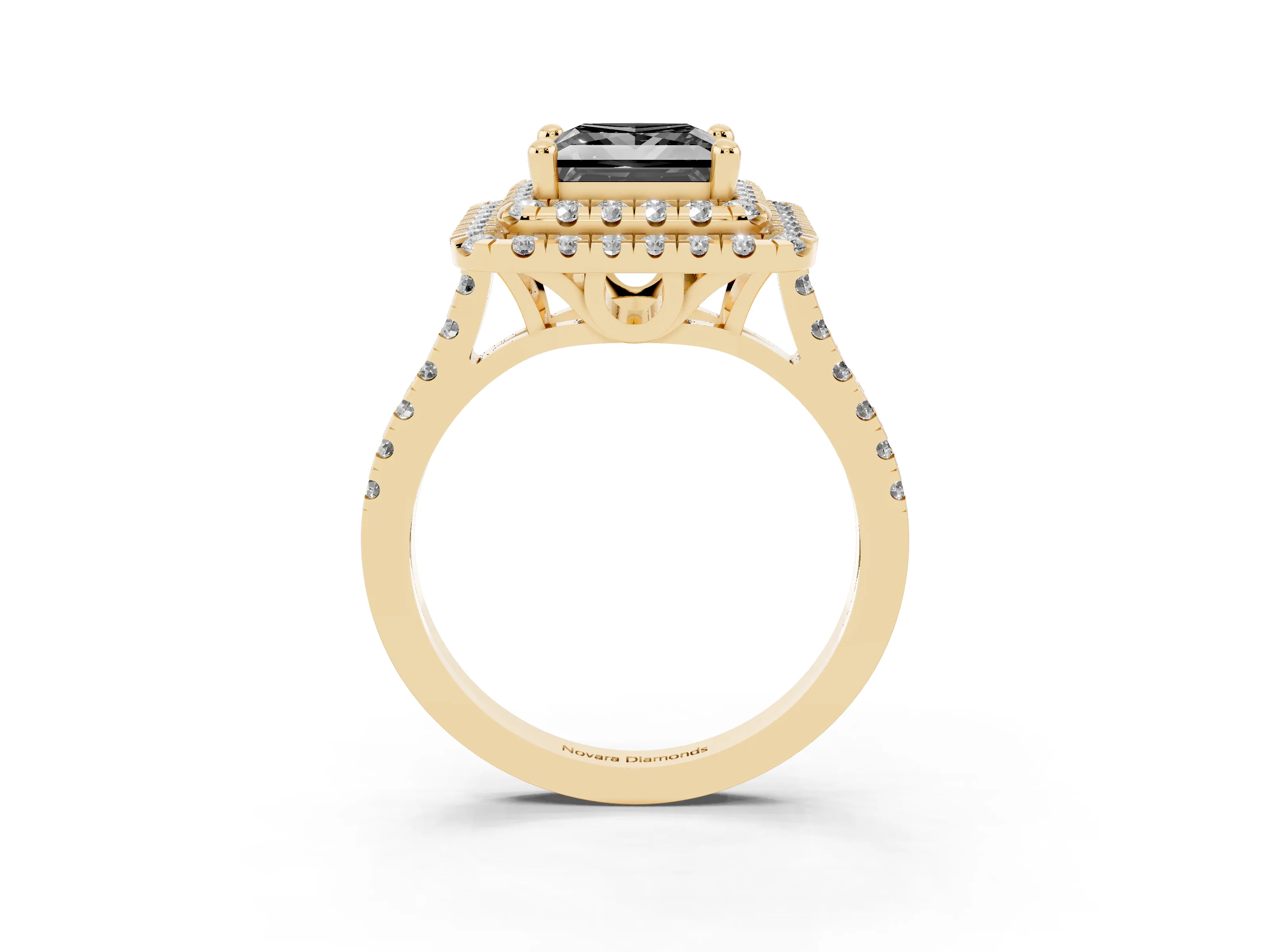 Fancy Black Princess Cut Diamond Double Halo Statement Ring Set in Yellow gold with Pavé Band