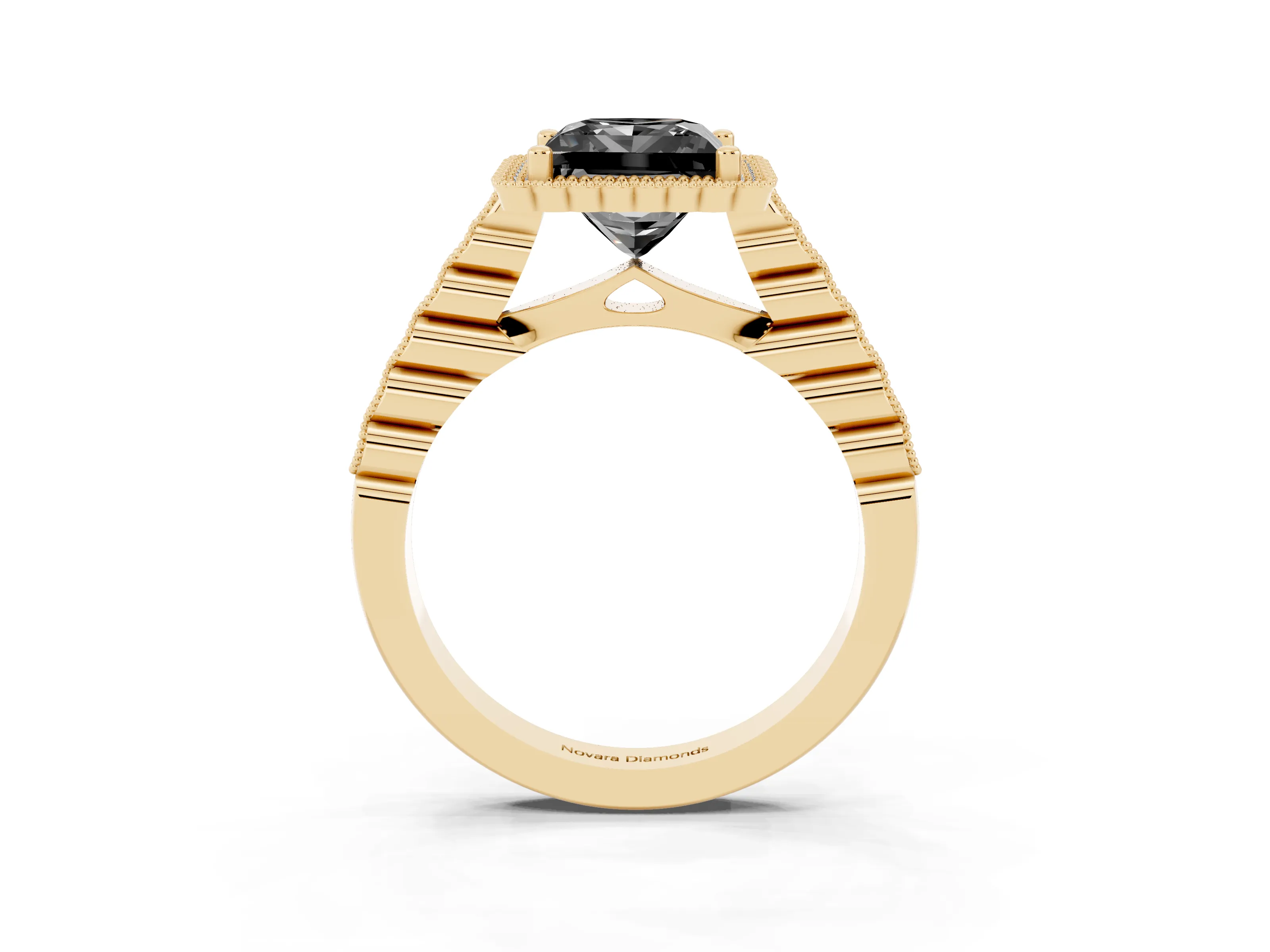 Fancy Black Princess Cut Diamond Halo Ring Set in Yellow gold with Pavé Milgrain Band