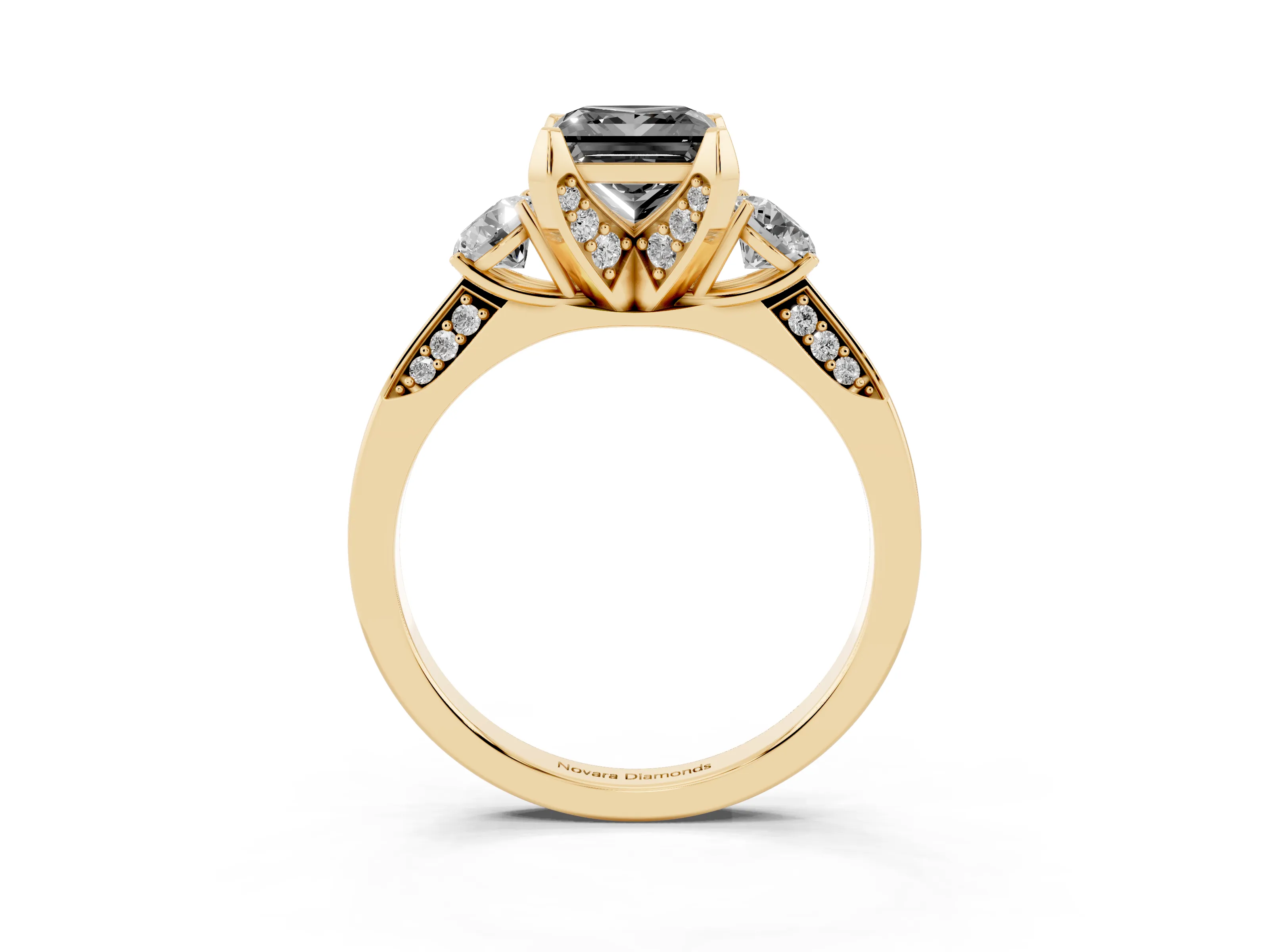 Fancy Black Princess Cut Diamond Three-Stone Ring Set in Yellow gold with Pavé Band and Smaller Side Stones