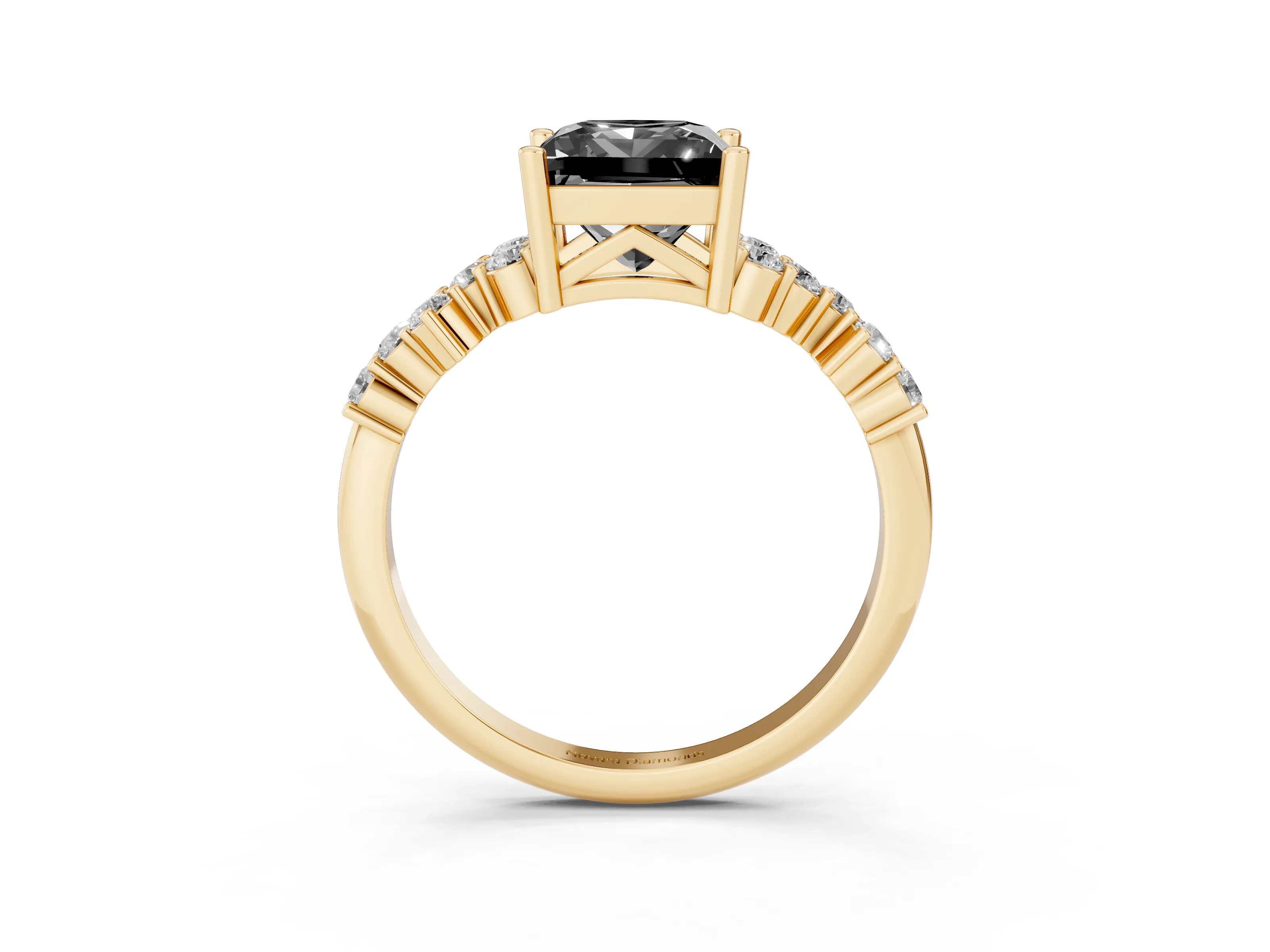 Fancy Black Princess Cut Diamond Ring Set in Yellow gold with Scattered Round Accents