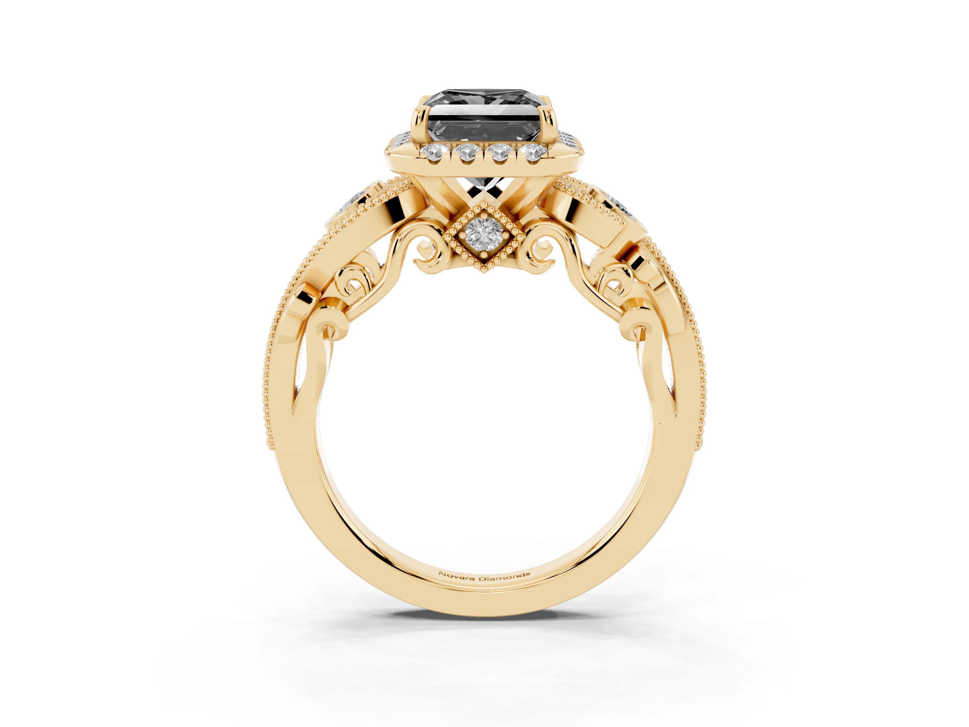 Fancy Black Princess Cut Diamond Halo Split Shank Ring Set in Yellow gold with Milgrain and Bezel Accents