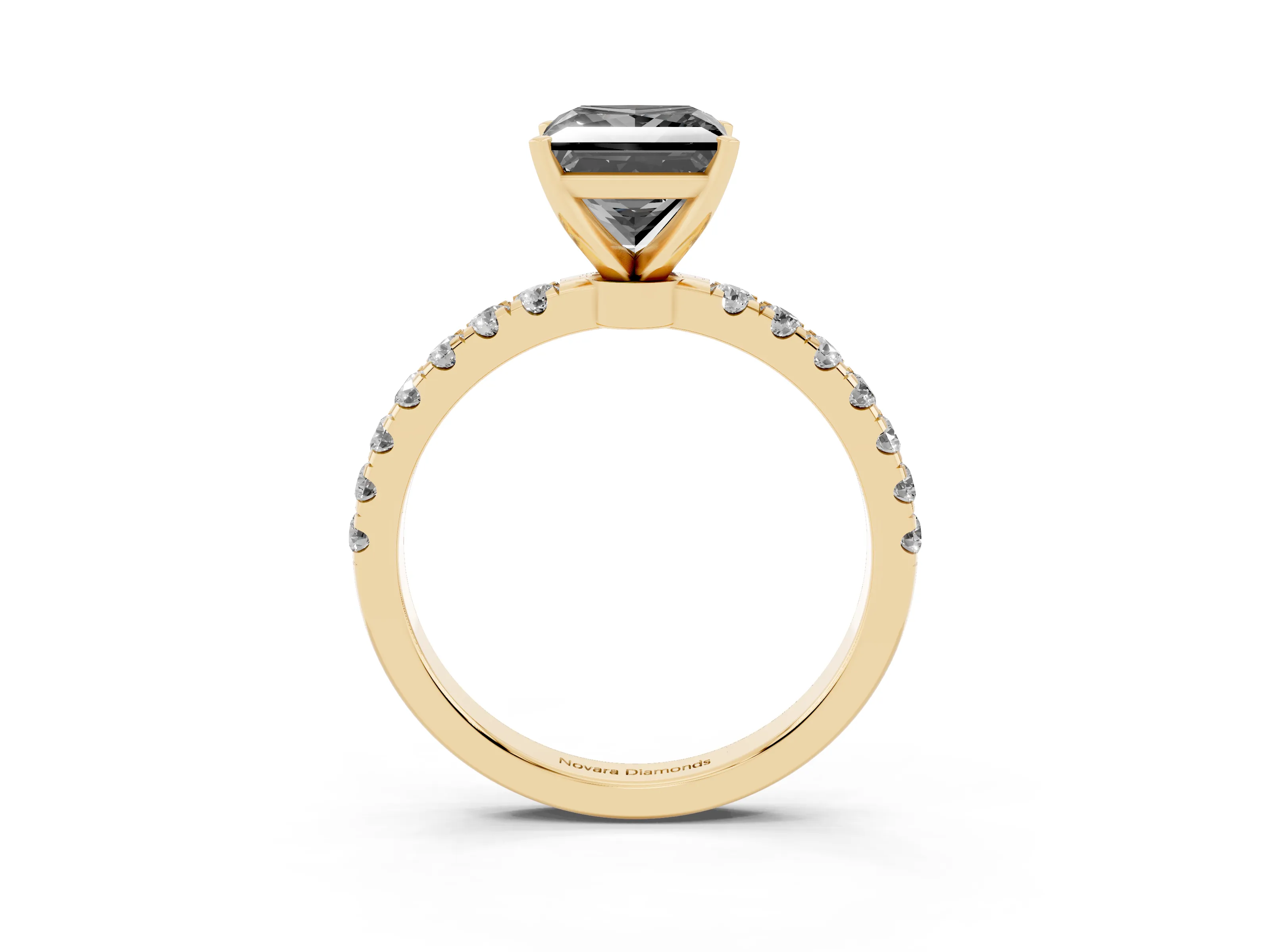 Fancy Black Princess Cut Diamond Solitaire Ring Set in Yellow gold with Pavé Accents and Prong Setting