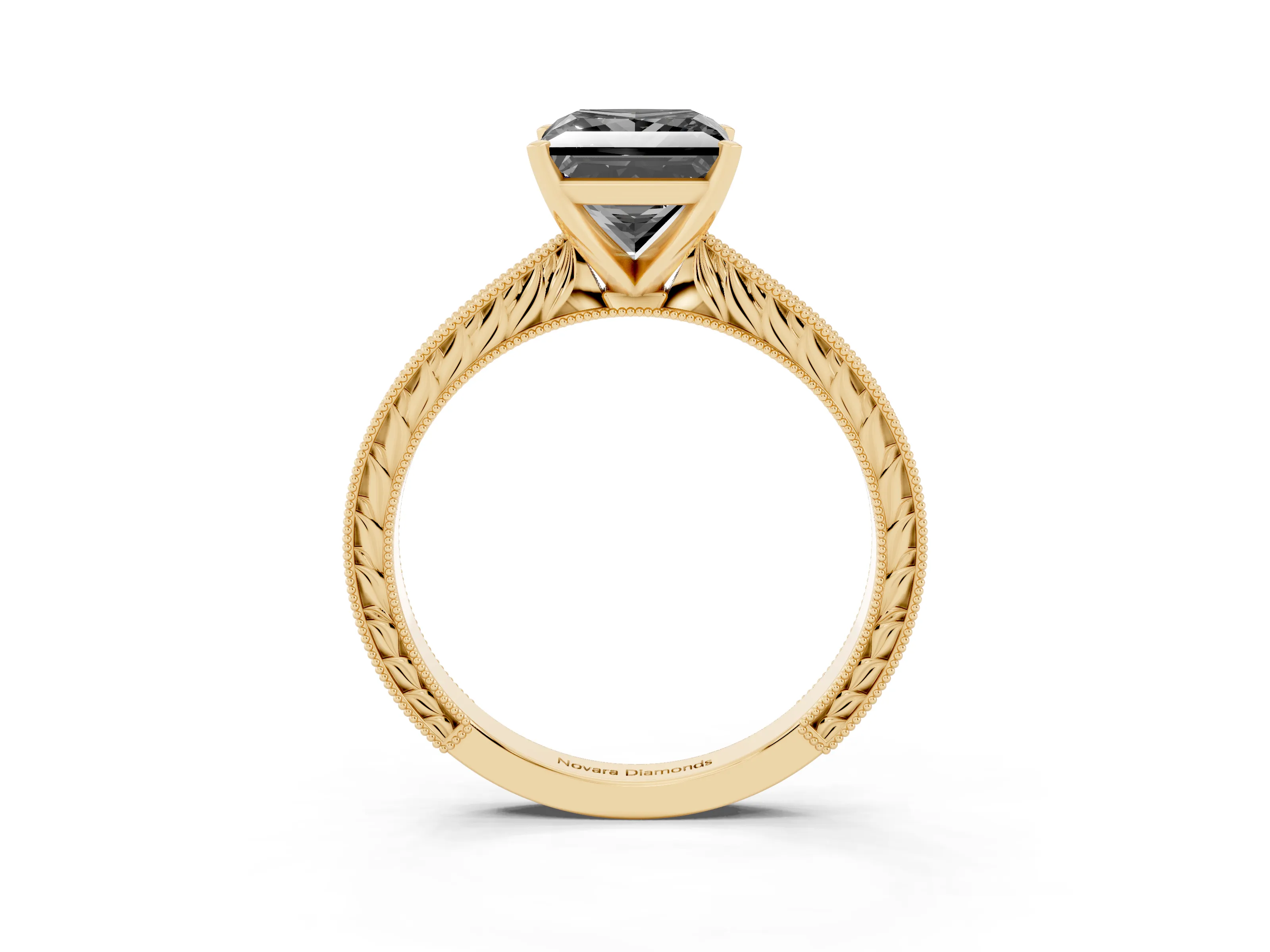 Fancy Black Princess Cut Diamond Solitaire Milgrain Engraved Band Set in Yellow gold with Prong Setting