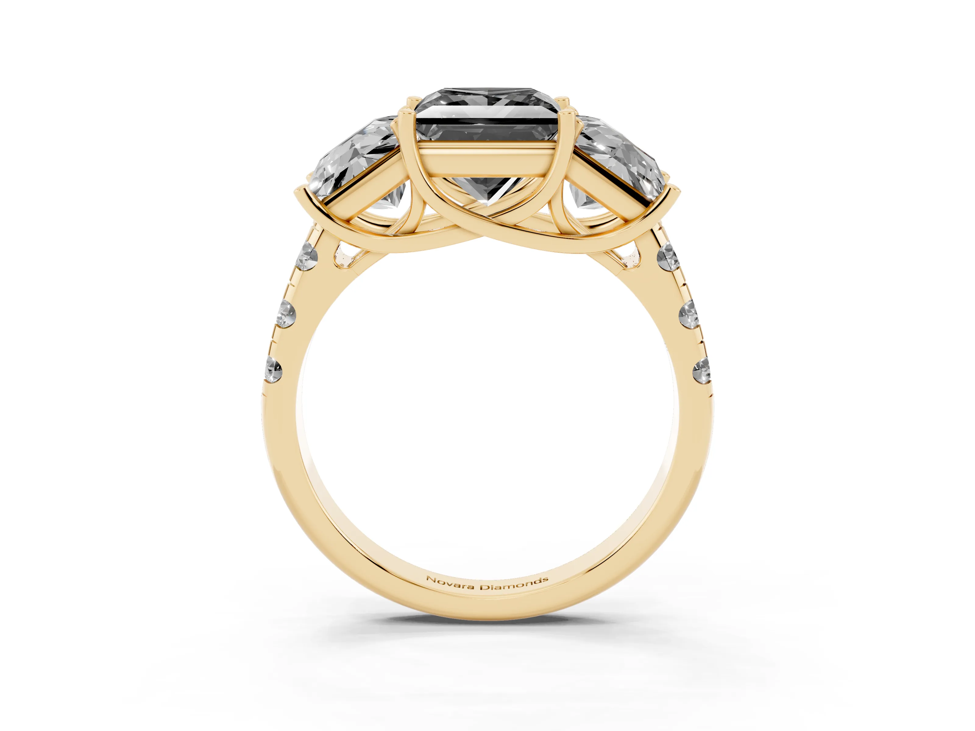 Fancy Black Princess Cut Diamond Three-Stone Ring Set in Yellow gold with Pavé Band