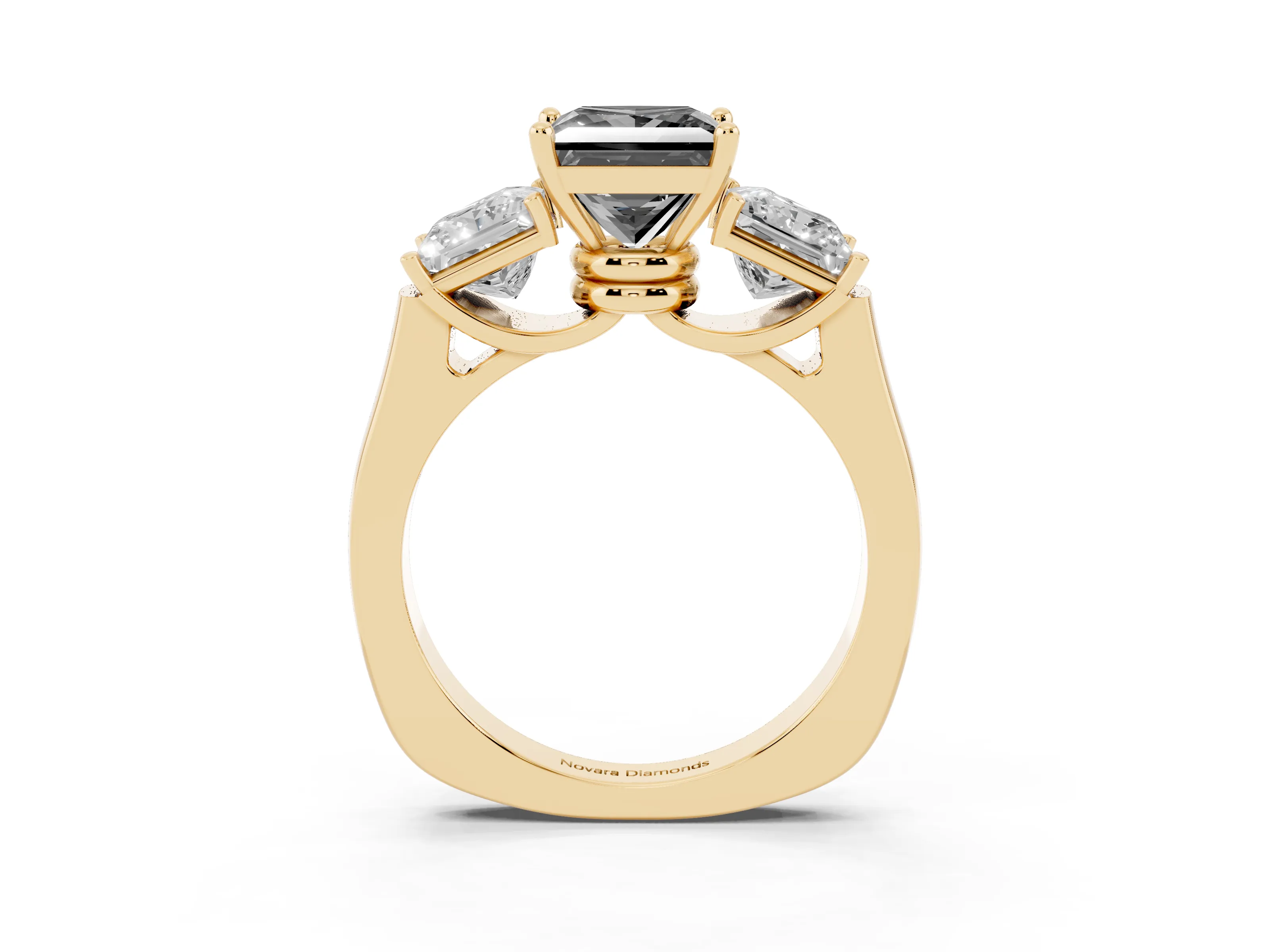 Fancy Black Princess Cut Diamond Three-Stone Trellis Ring Set in Yellow gold with Comfort Fit Band