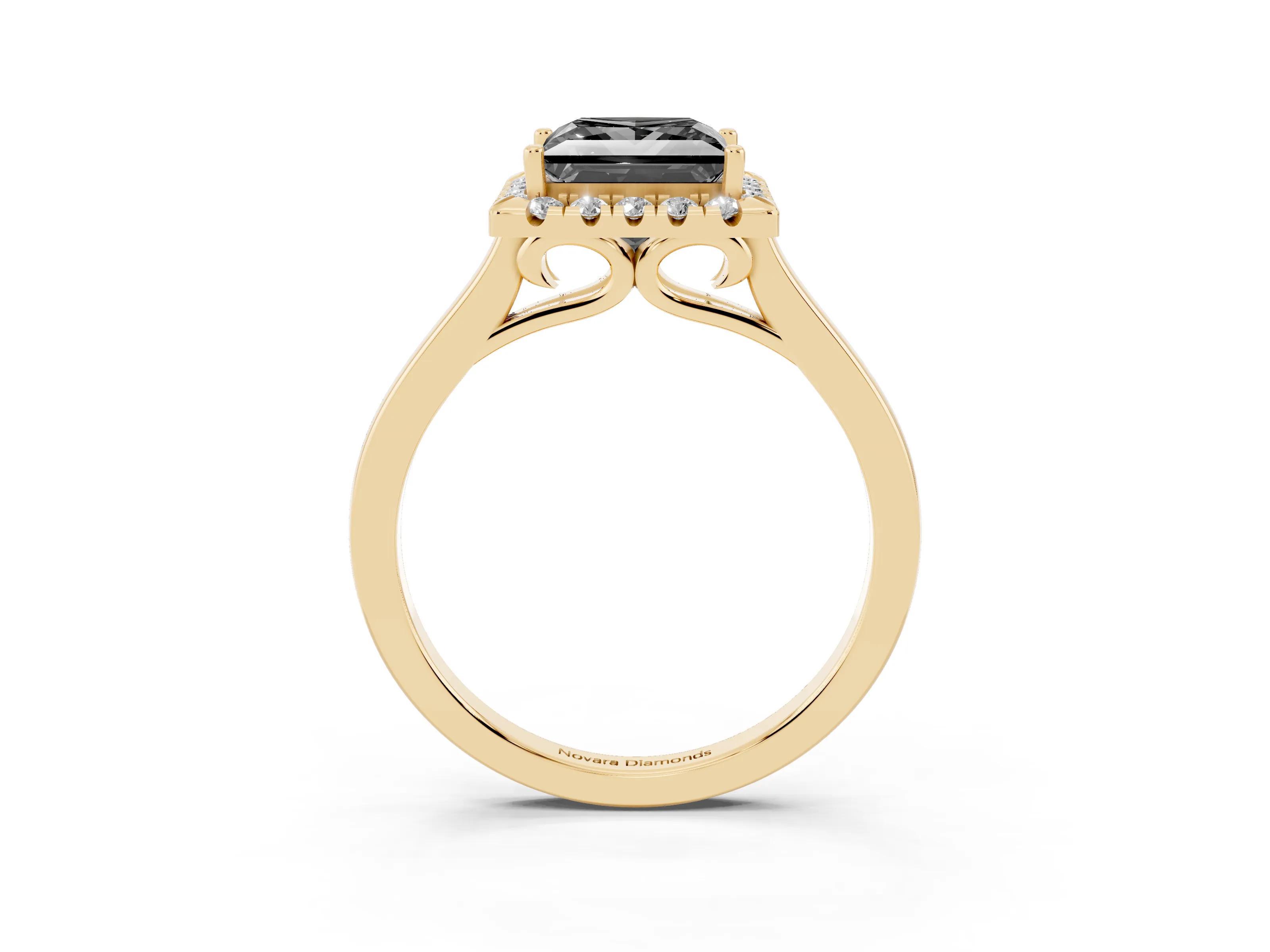 Fancy Black Princess Cut Halo Round Diamond Solitaire Ring Set in Yellow gold with Pavé Band and Prong Setting