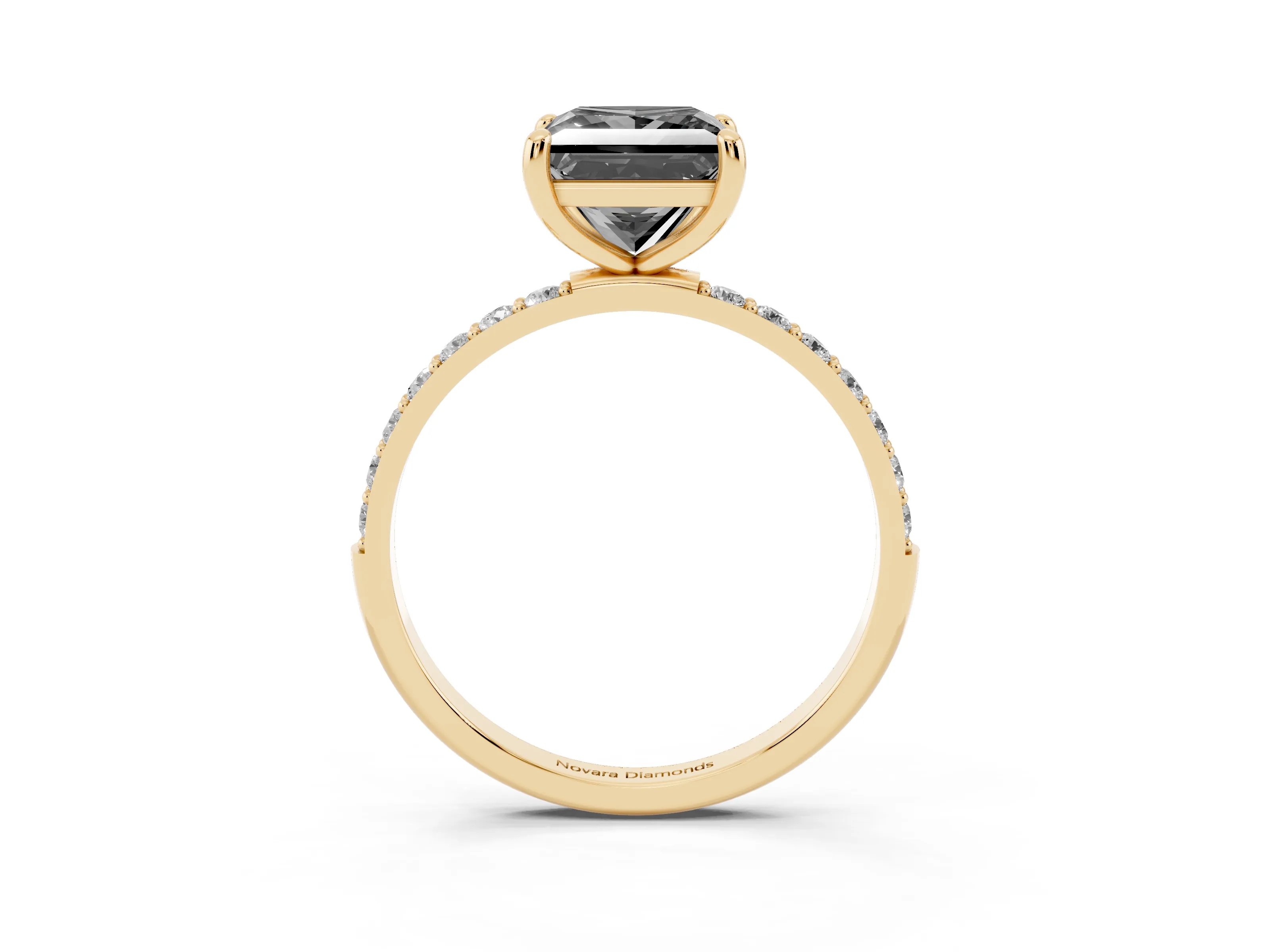 Fancy Black Princess Cut Diamond Solitaire Ring Set in Yellow gold with Round Pavé Band and Prong Setting