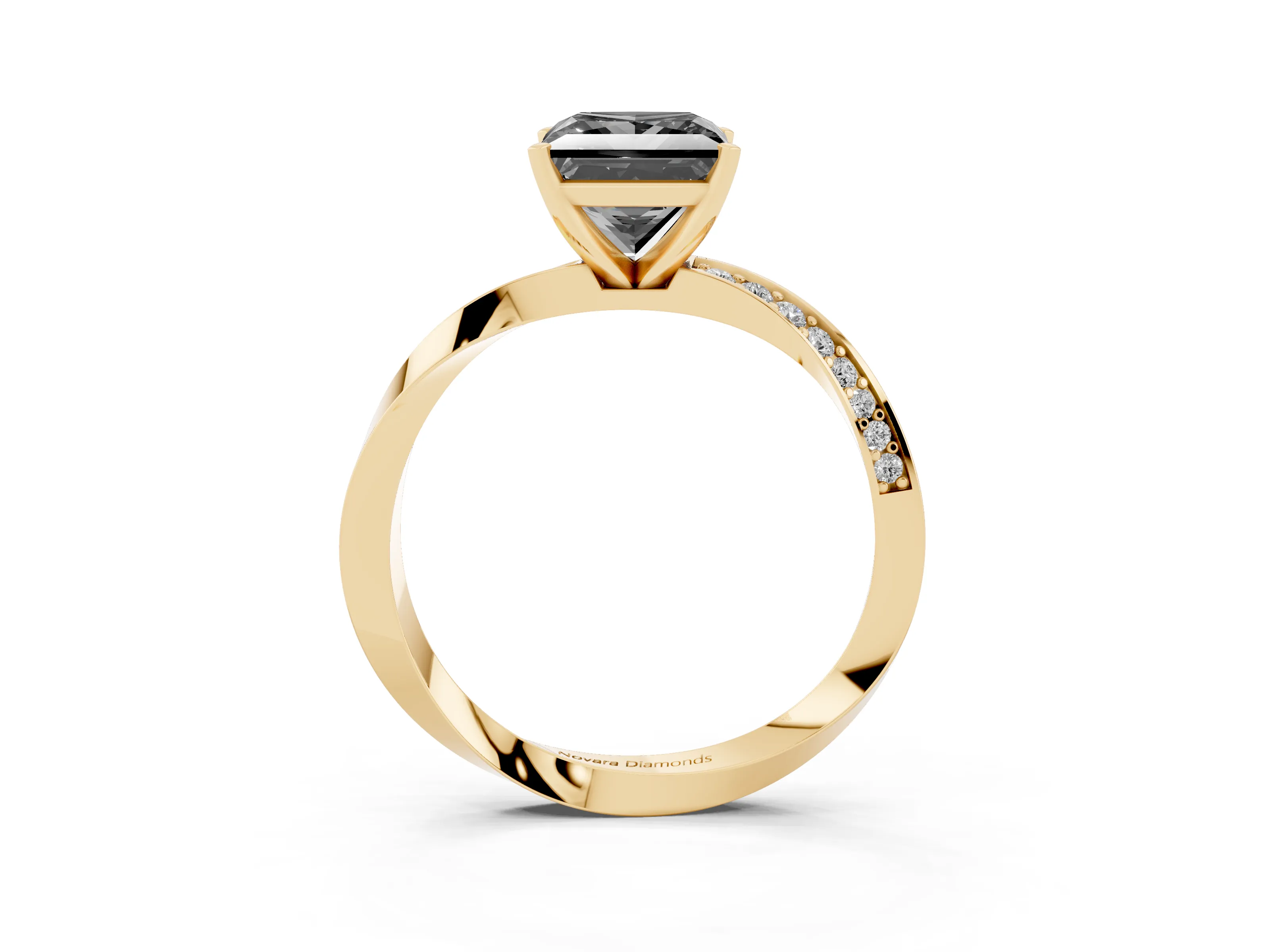 Fancy Black Princess Cut Diamond Engagement Ring Set in Yellow gold with Side Stone Accents and Prong Setting