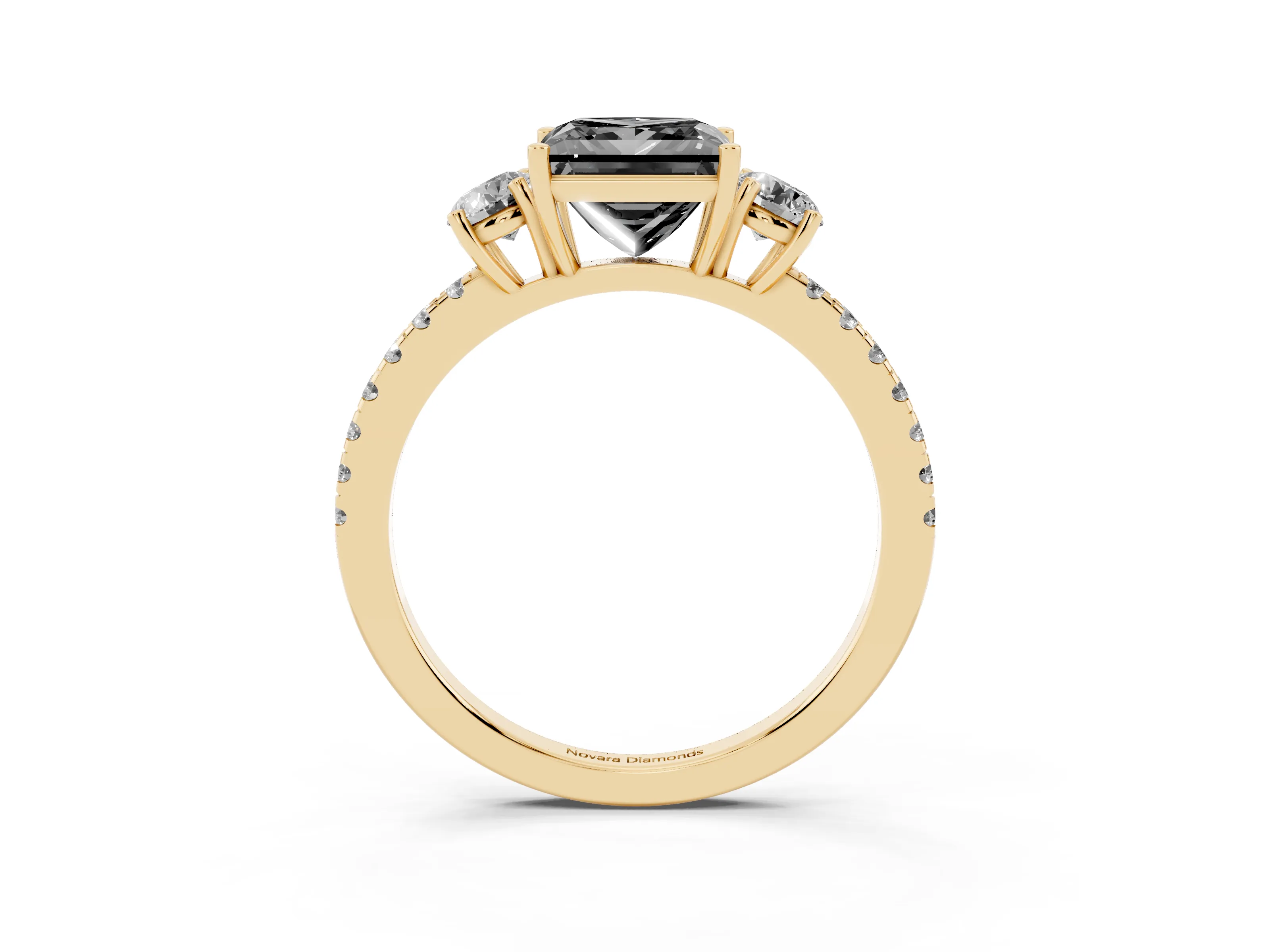 Fancy Black Princess Cut Diamond Three-Stone Ring Set in Yellow gold with Pavé Band and Graduated Sides