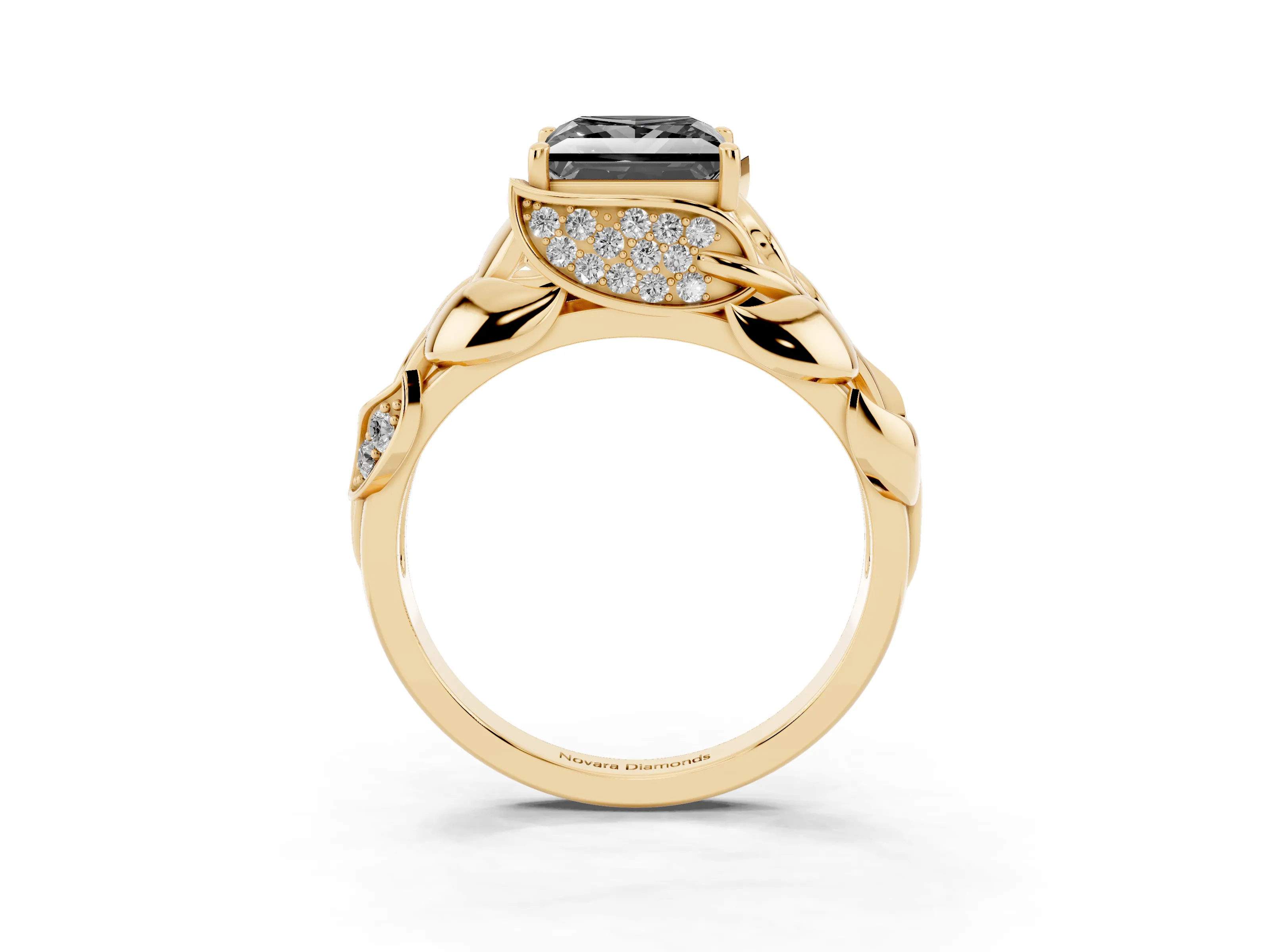 Fancy Black Princess Cut Diamond Leaf-Inspired Engagement Ring Set in Yellow gold with Round Accents