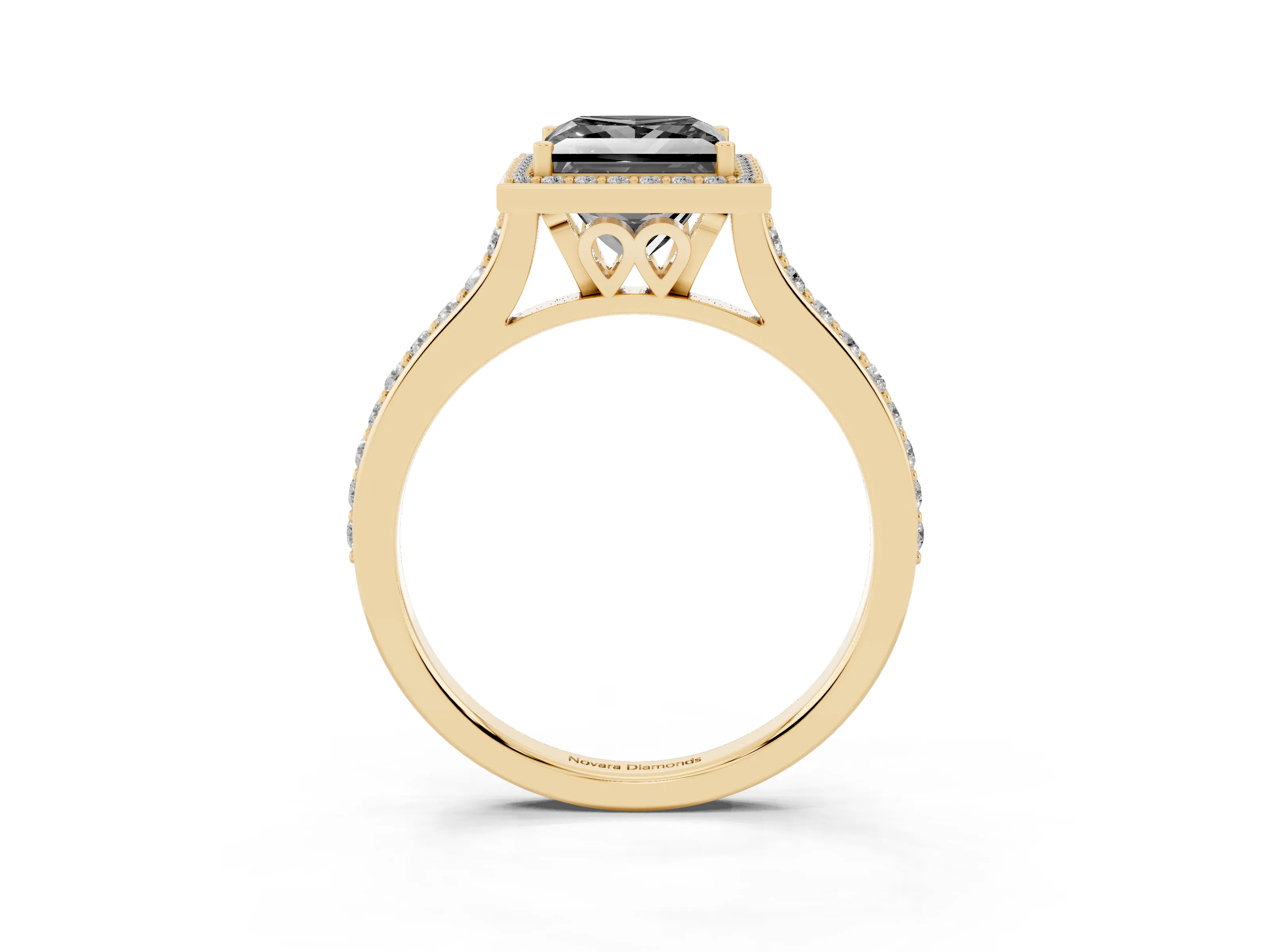 Fancy Black Princess Cut Diamond Halo Engagement Ring Set in Yellow gold with Round Pavé Shoulders and Heart Gallery