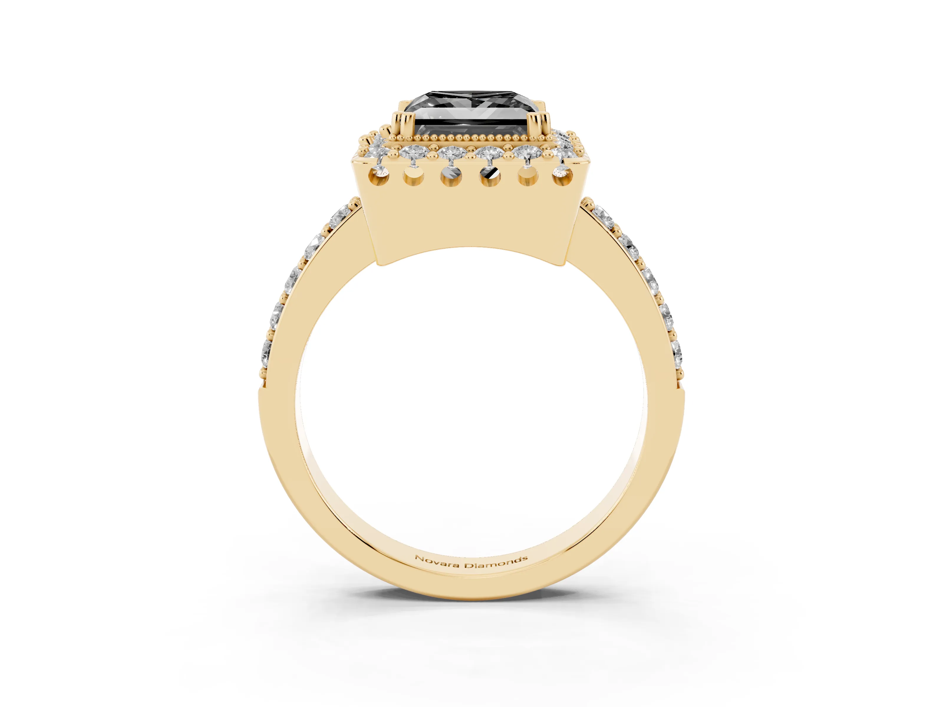 Fancy Black Princess Cut Diamond Halo Ring Set in Yellow gold with Pavé Shank and Prong Setting