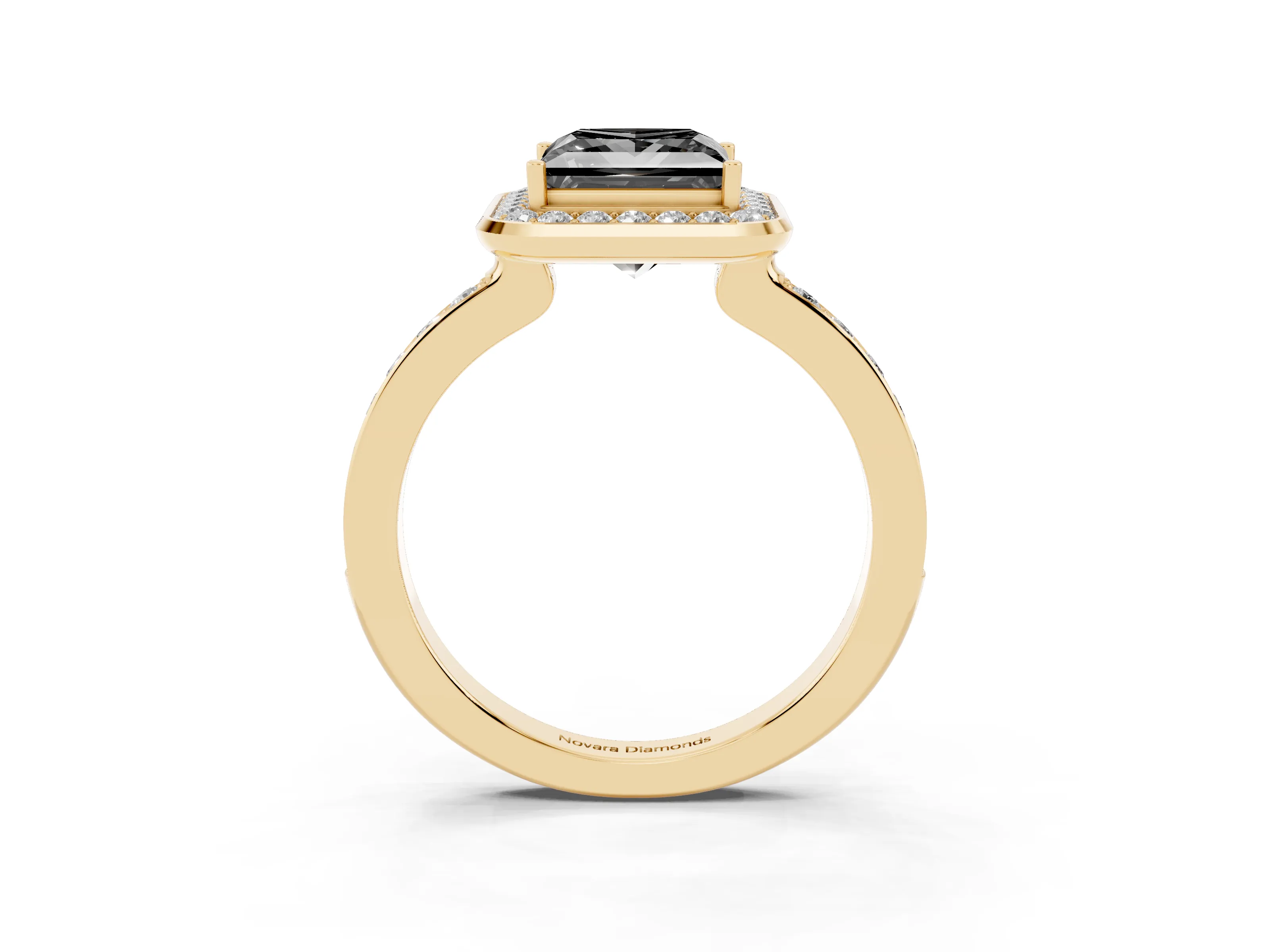 Fancy Black Princess Cut Diamond Halo Ring Set in Yellow gold with Bezel Frame and Pavé Band