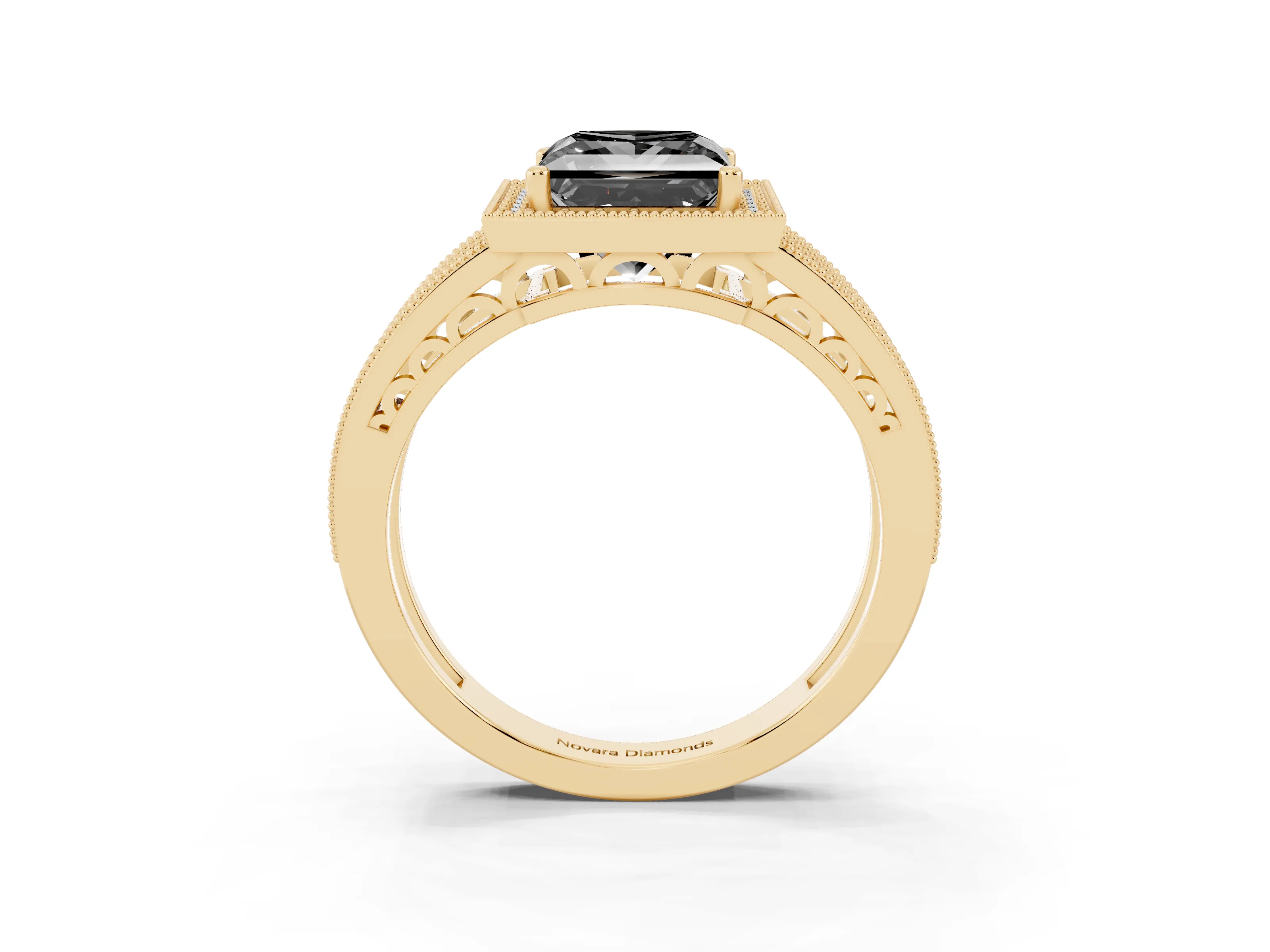Fancy Black Princess Cut Diamond Halo Ring Set in Yellow gold with Accent Split Shank and Prong Setting