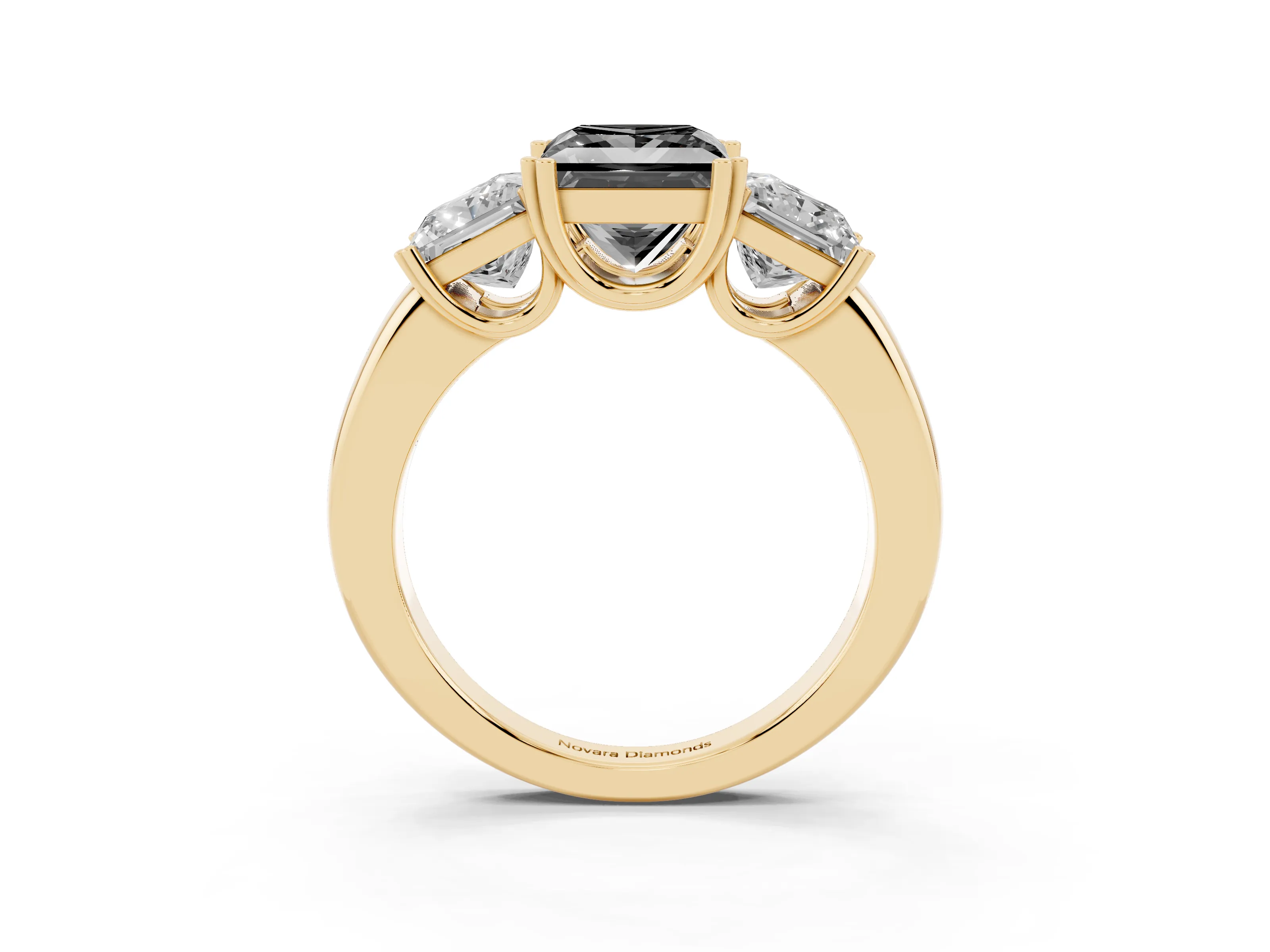 Fancy Black Princess Cut Diamond Three-Stone Ring Set in Yellow gold with Polished Channel-Set Band