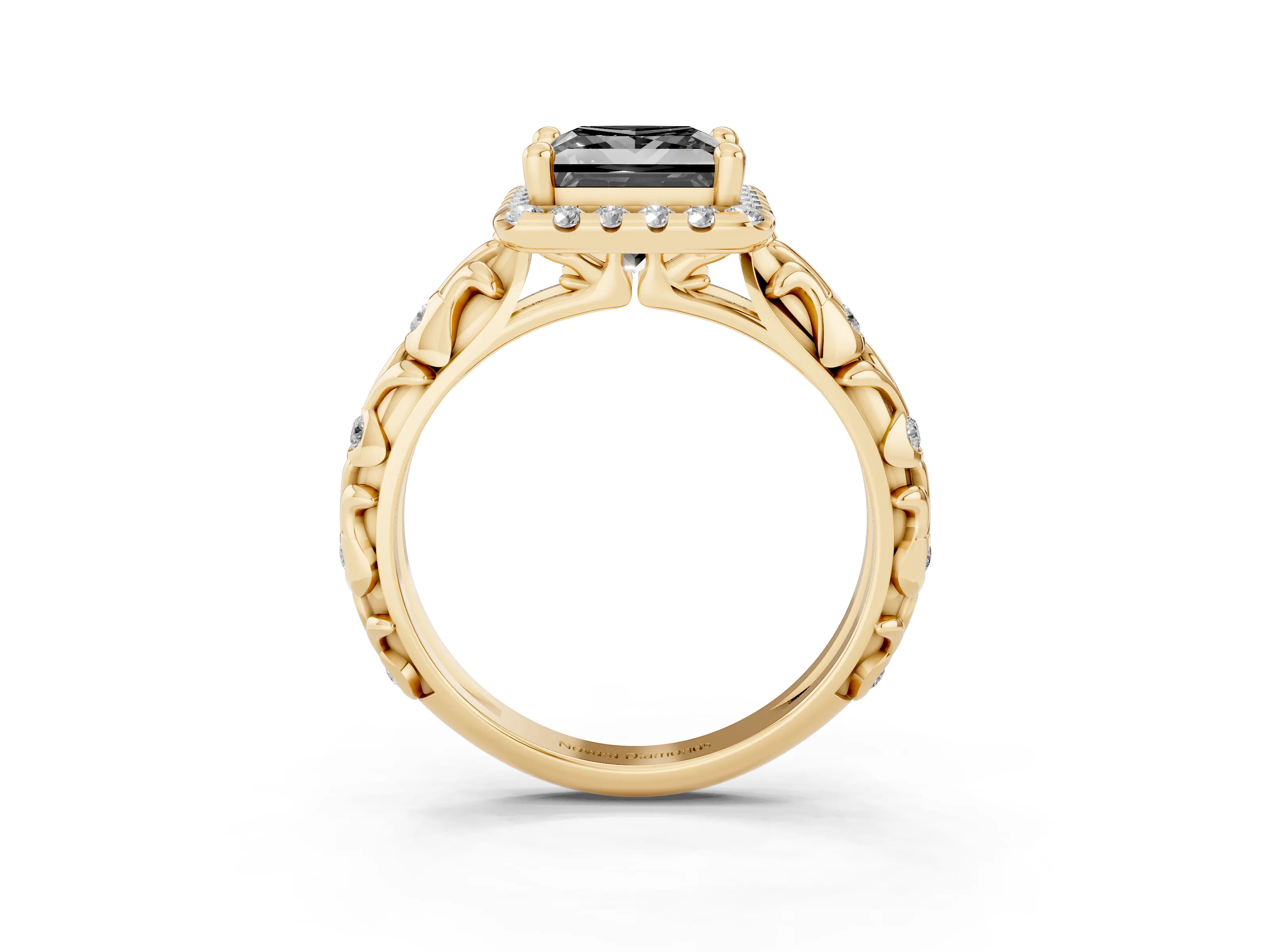Fancy Black Princess Cut Diamond Halo Ring Set in Yellow gold with Filigree Leaf Band and Prong Setting