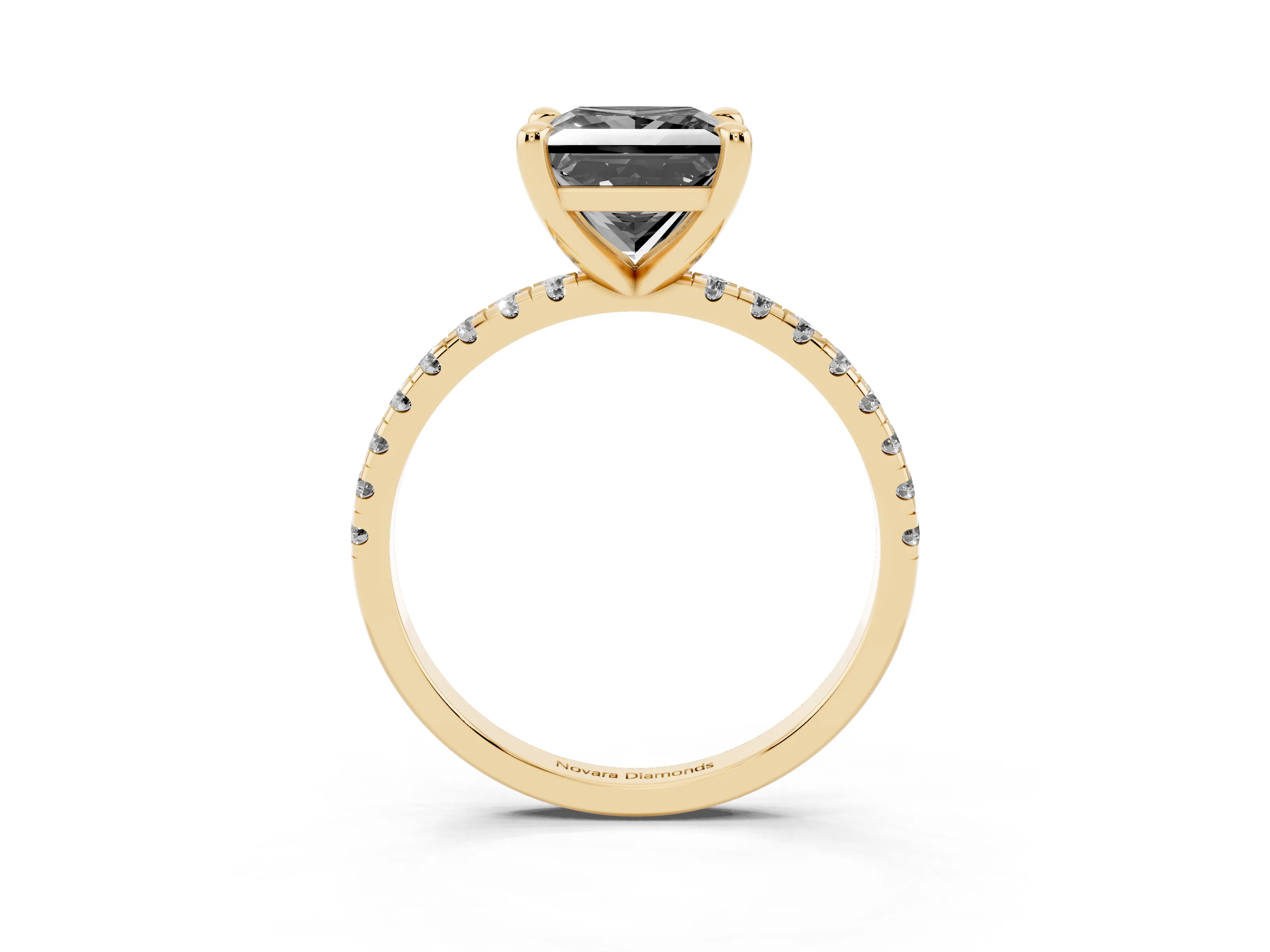 Fancy Black Princess Cut Diamond Brilliant Solitaire Ring Set in Yellow gold with Pavé Band and Prong Setting