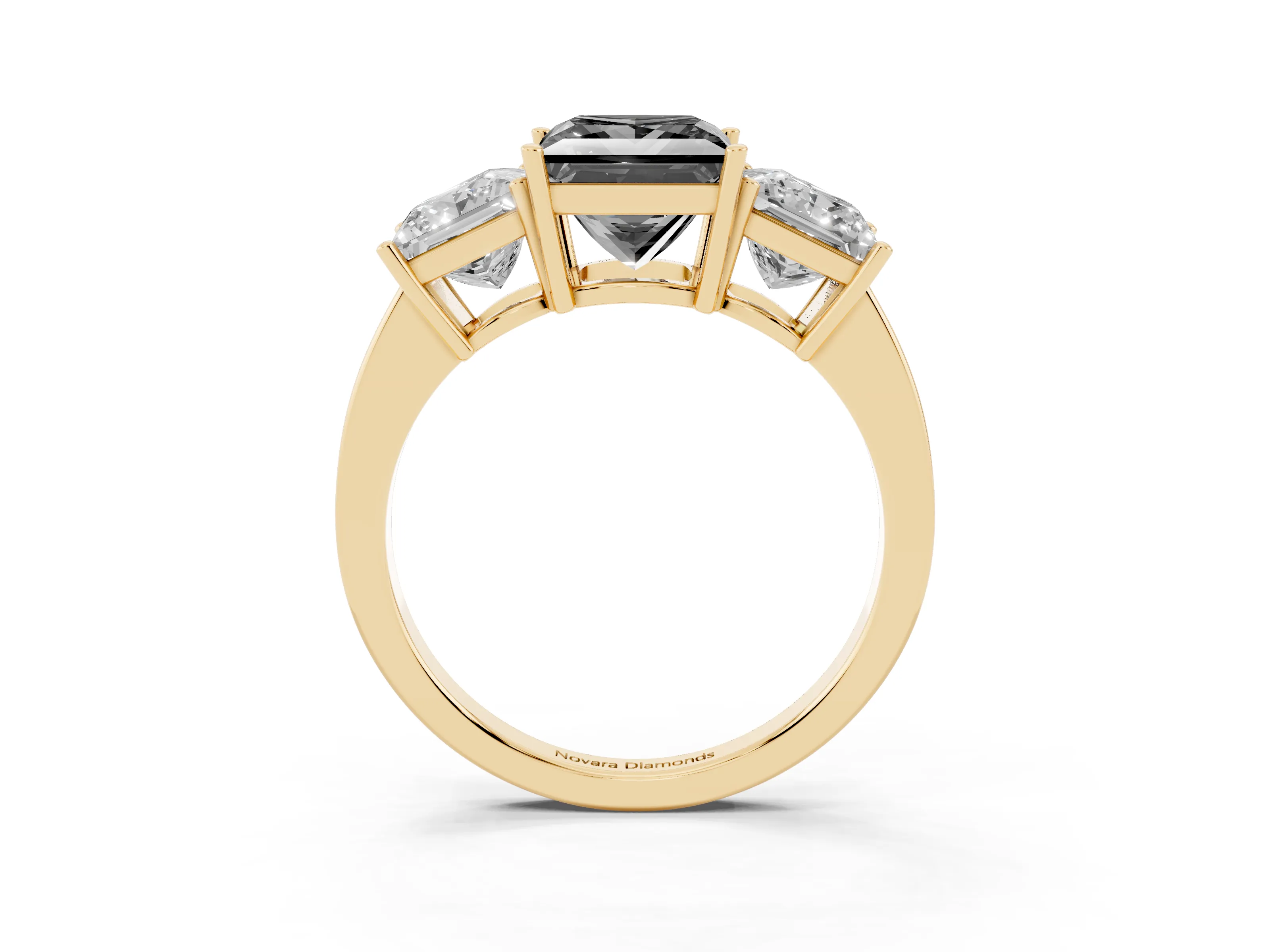Fancy Black Princess Cut Diamond Three-Stone Engagement Ring Set in Yellow gold with Flat Band