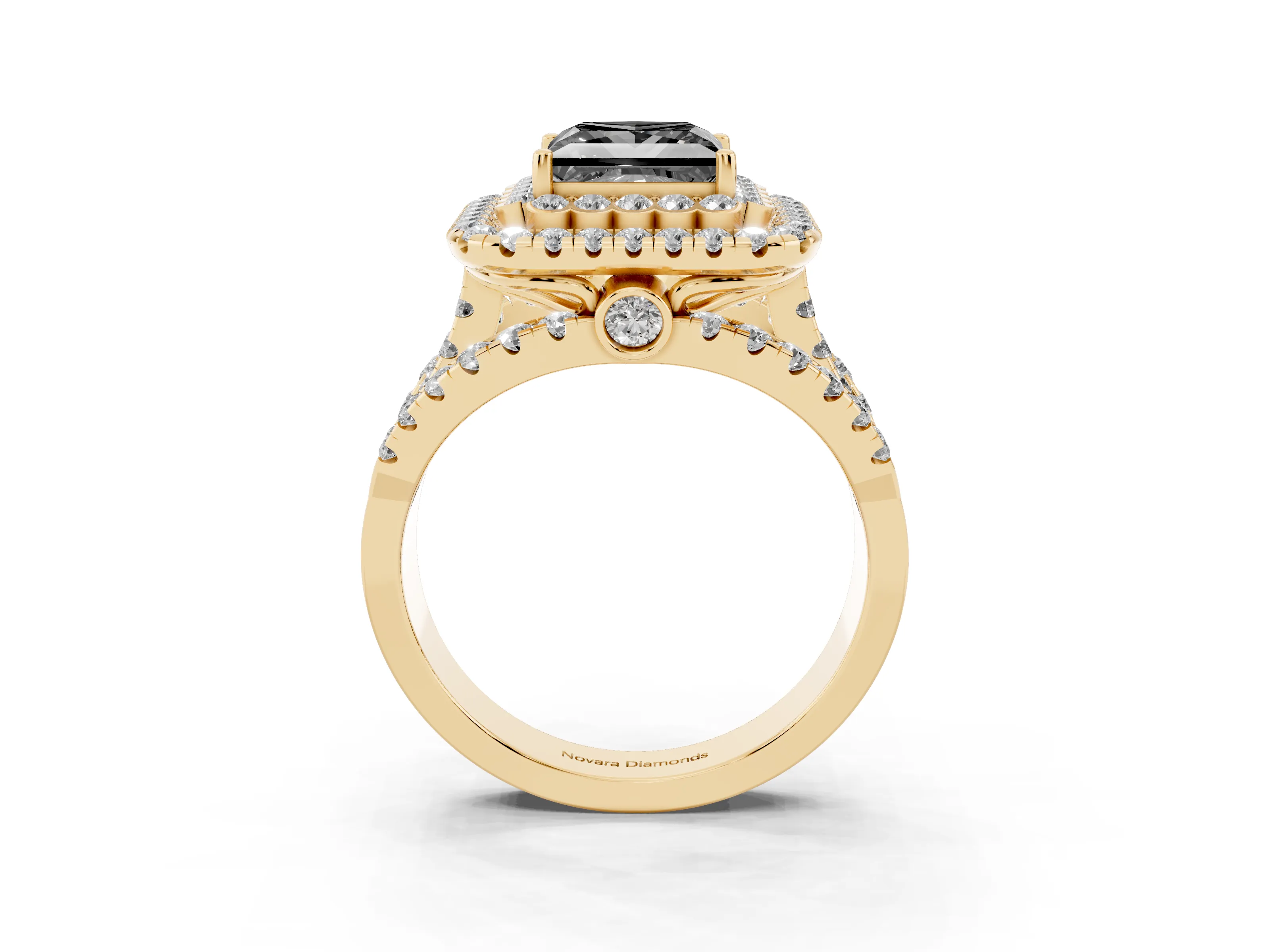 Fancy Black Princess Cut Diamond Double Halo Ring Set in Yellow gold with Round Pavé Split Shank