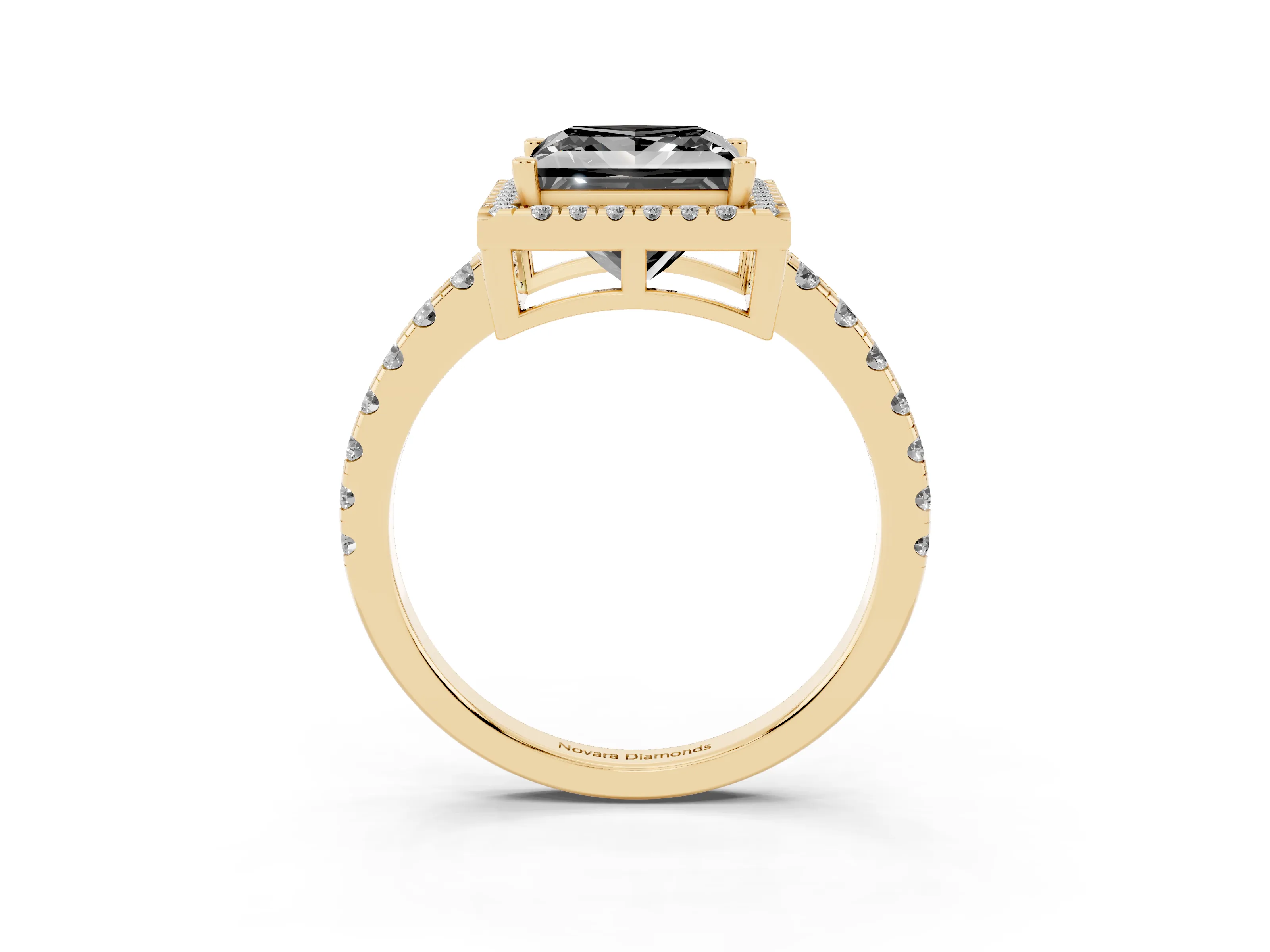 Fancy Black Princess Cut Diamond Halo Ring Set in Yellow gold with Delicate Pavé Band and Prong Setting
