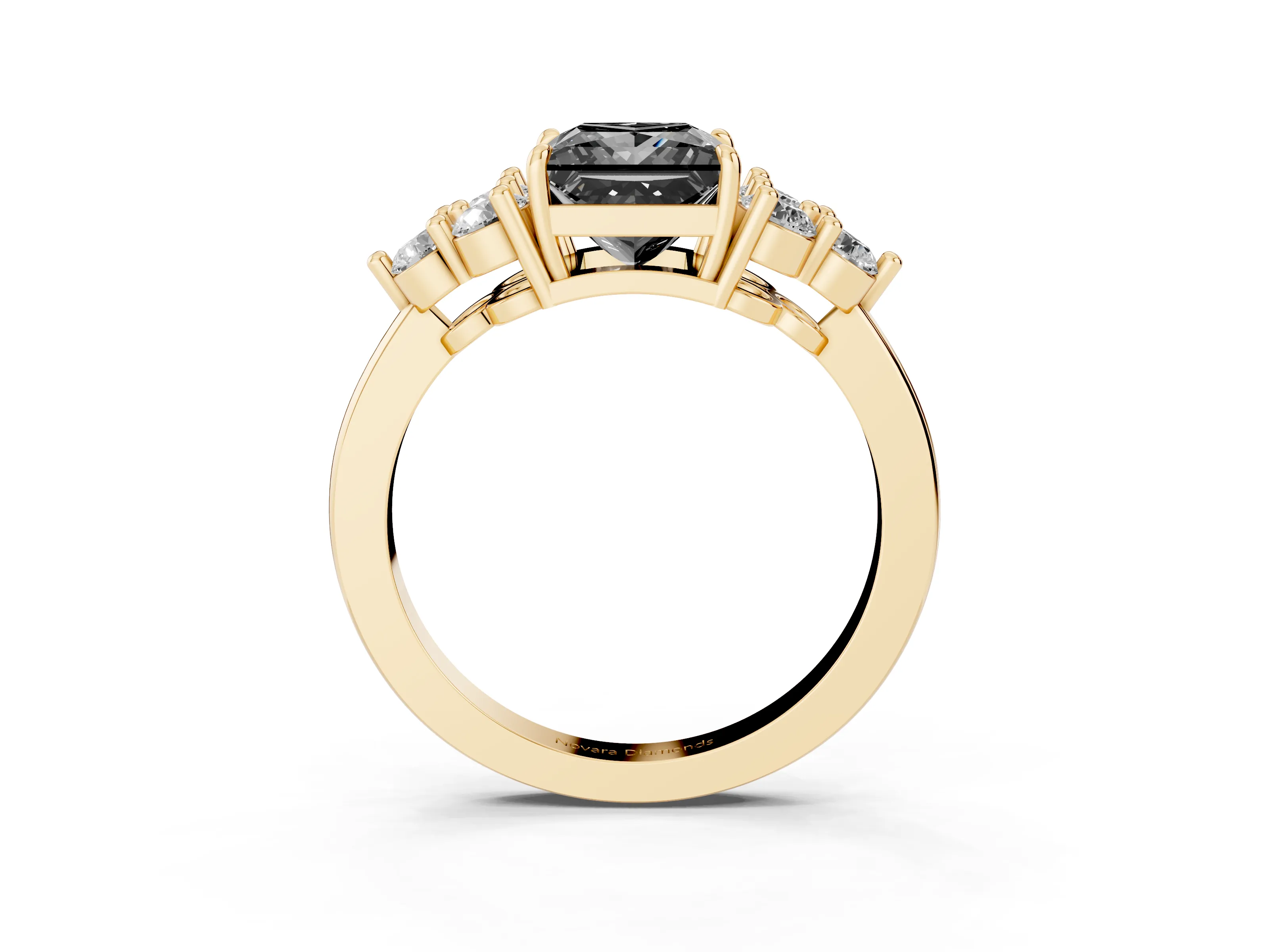 Fancy Black Princess Cut Diamond Solitaire Ring Set in Yellow gold with Cluster Accents on Each Side