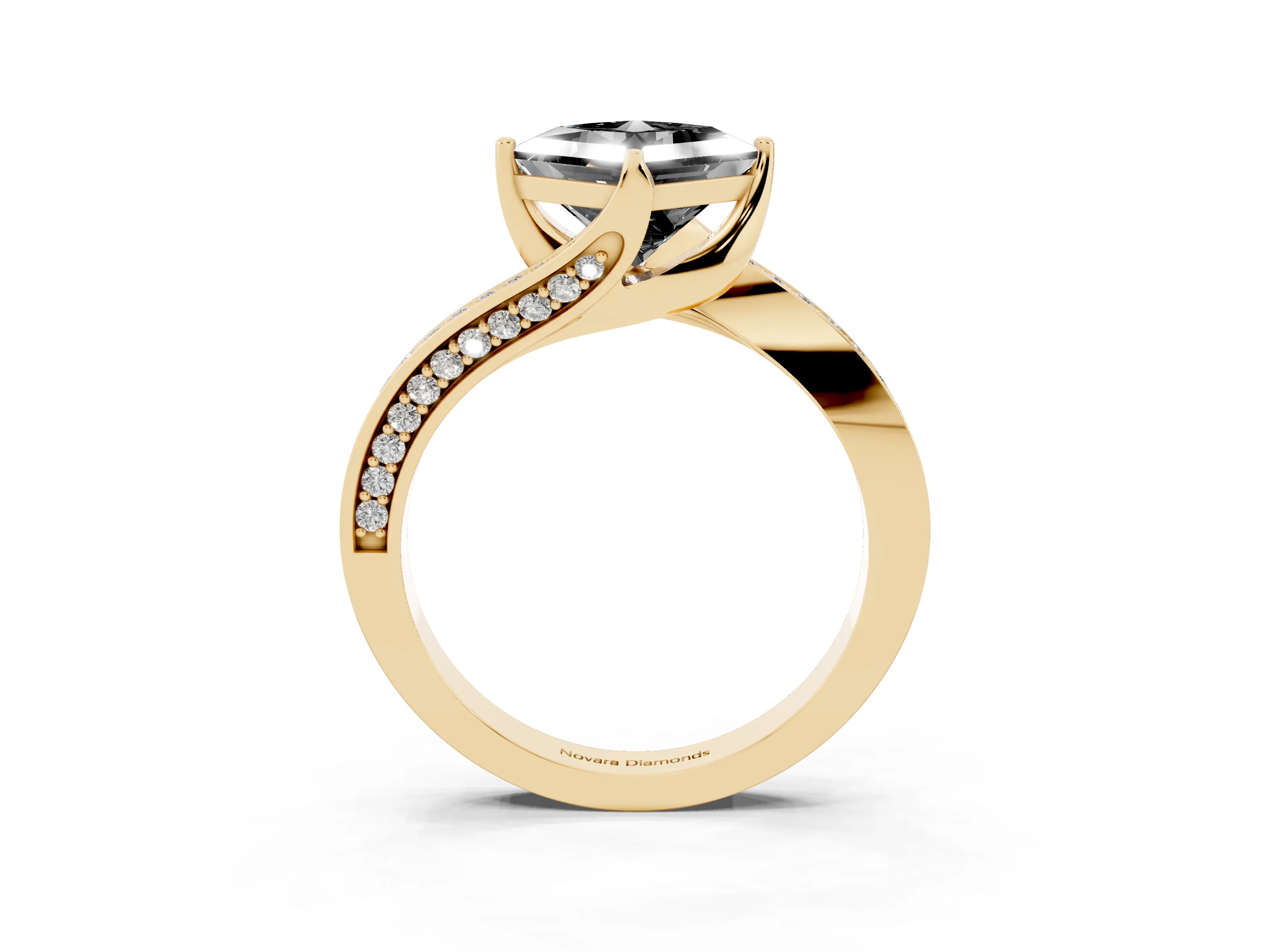 Fancy Black Princess Cut Diamond Solitaire Ring Set in Yellow gold with Intertwined Pavé Twist Band
