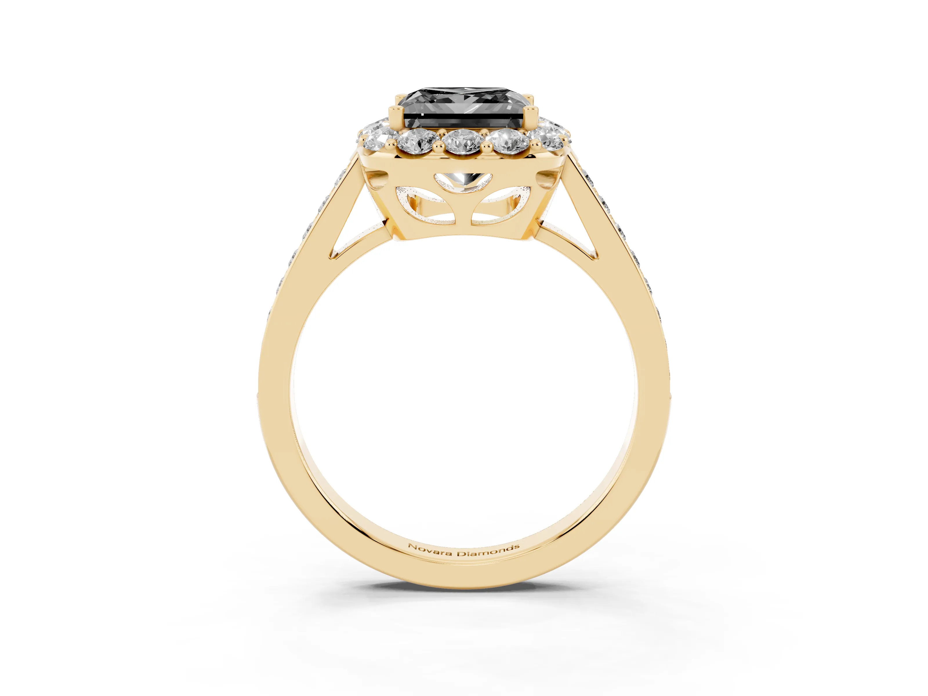Fancy Black Princess Cut Diamond Floral Halo Ring Set in Yellow gold with Pavé Band and Prong Setting