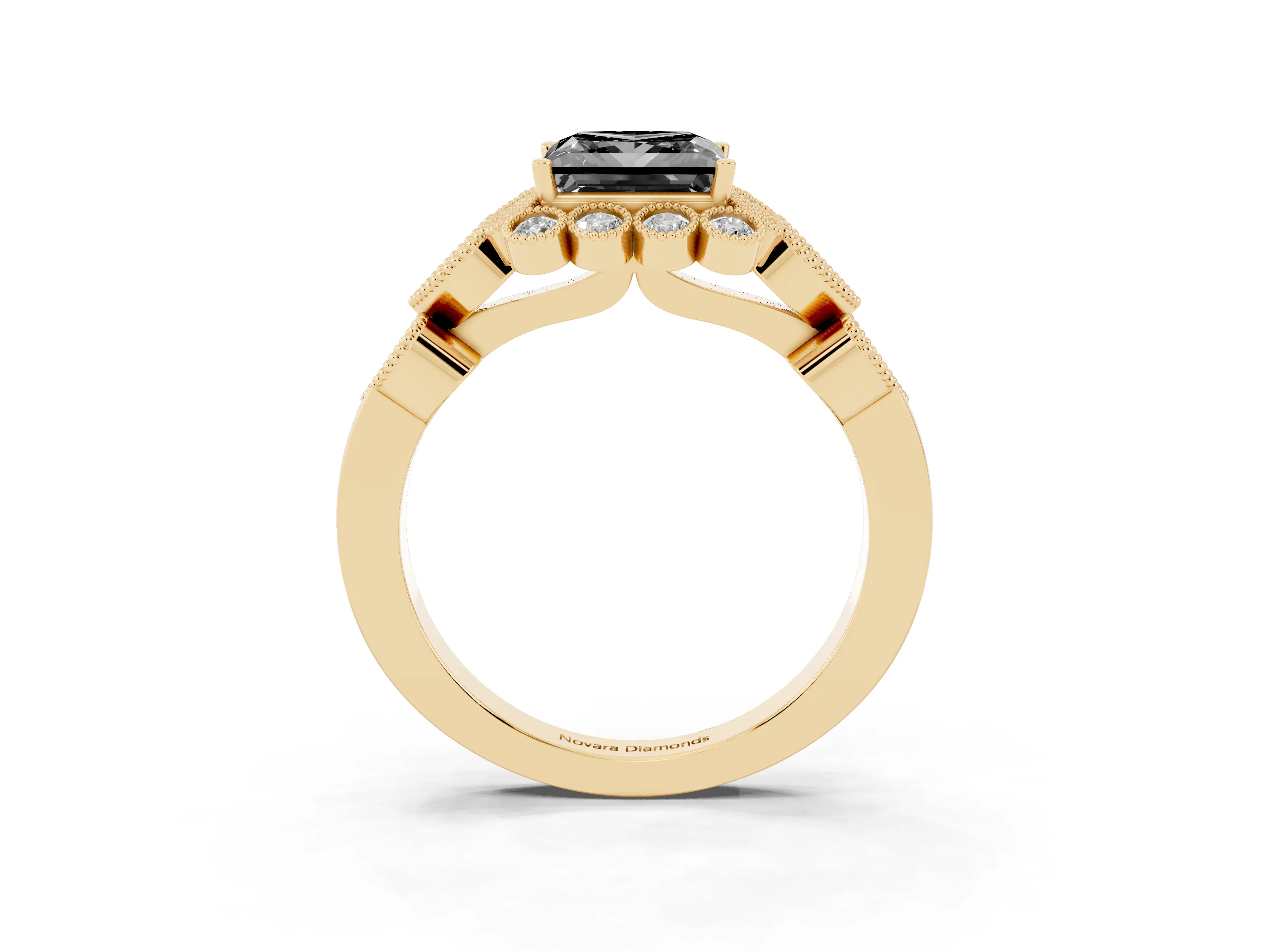 Fancy Black Princess Cut Diamond Solitaire Ring Set in Yellow gold with Milgrain Pavé Heart Band