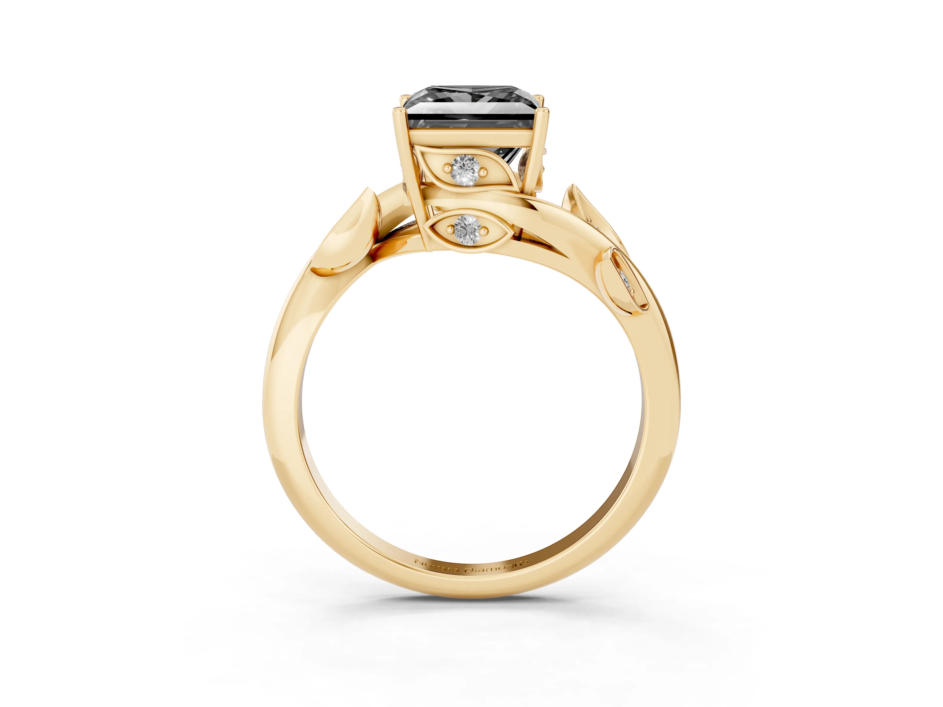 Fancy Black Princess Cut Diamond Solitaire Twist Engagement Ring Set in Yellow gold with Pavé Leaf Accents