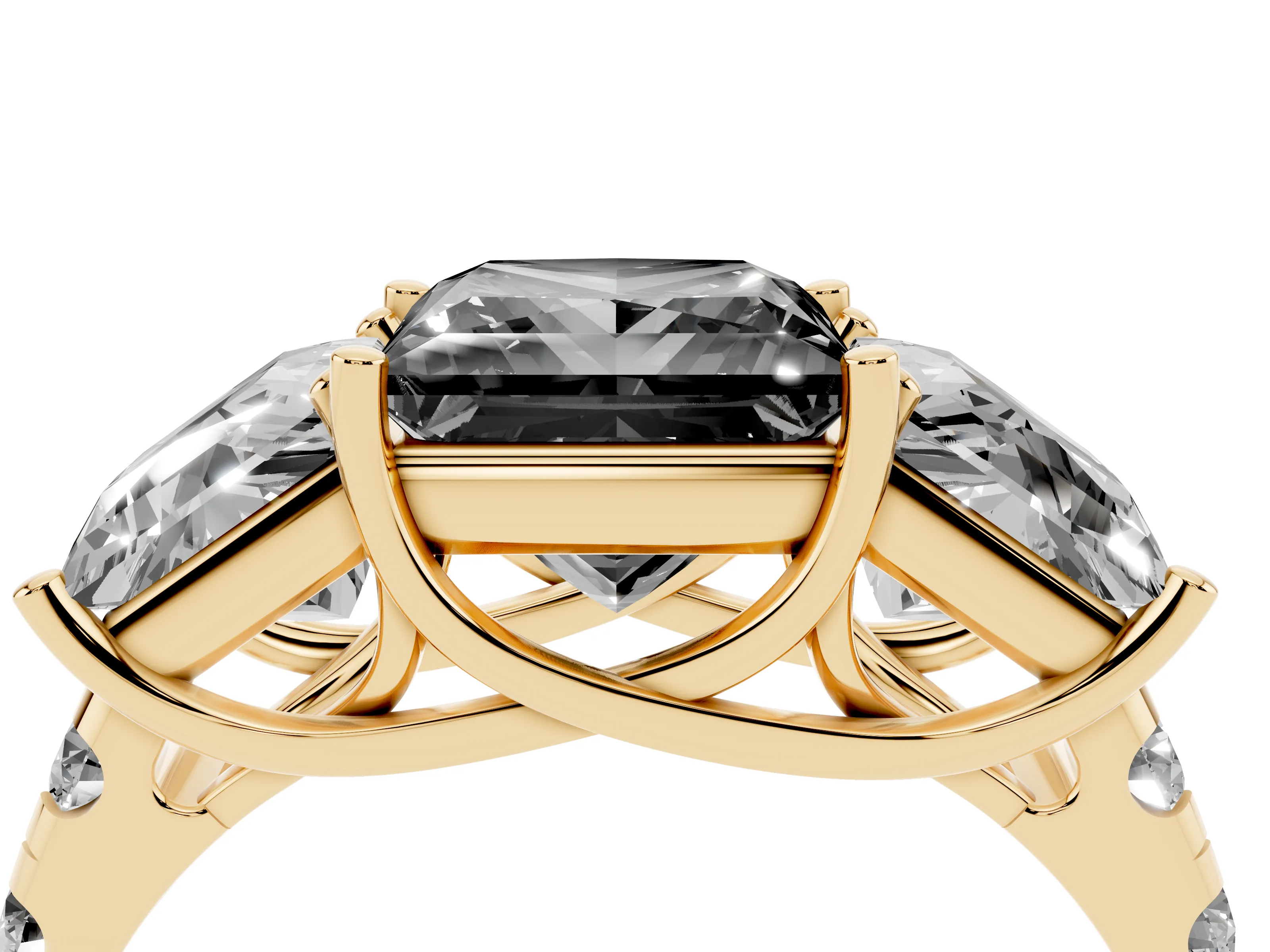Fancy Black Princess Cut Diamond Three-Stone Ring Set in Yellow gold with Pavé Band