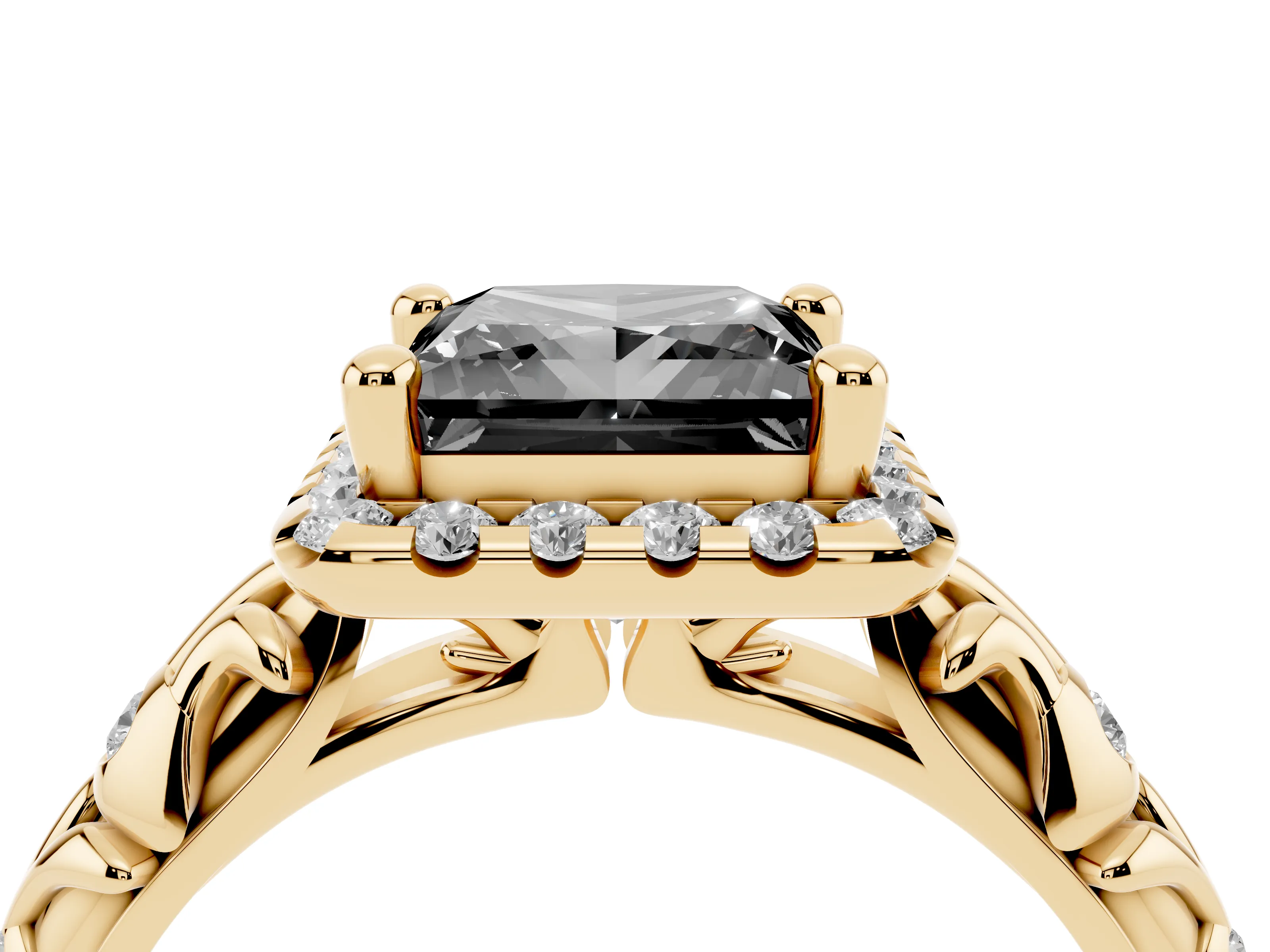 Fancy Black Princess Cut Diamond Halo Ring Set in Yellow gold with Filigree Leaf Band and Prong Setting