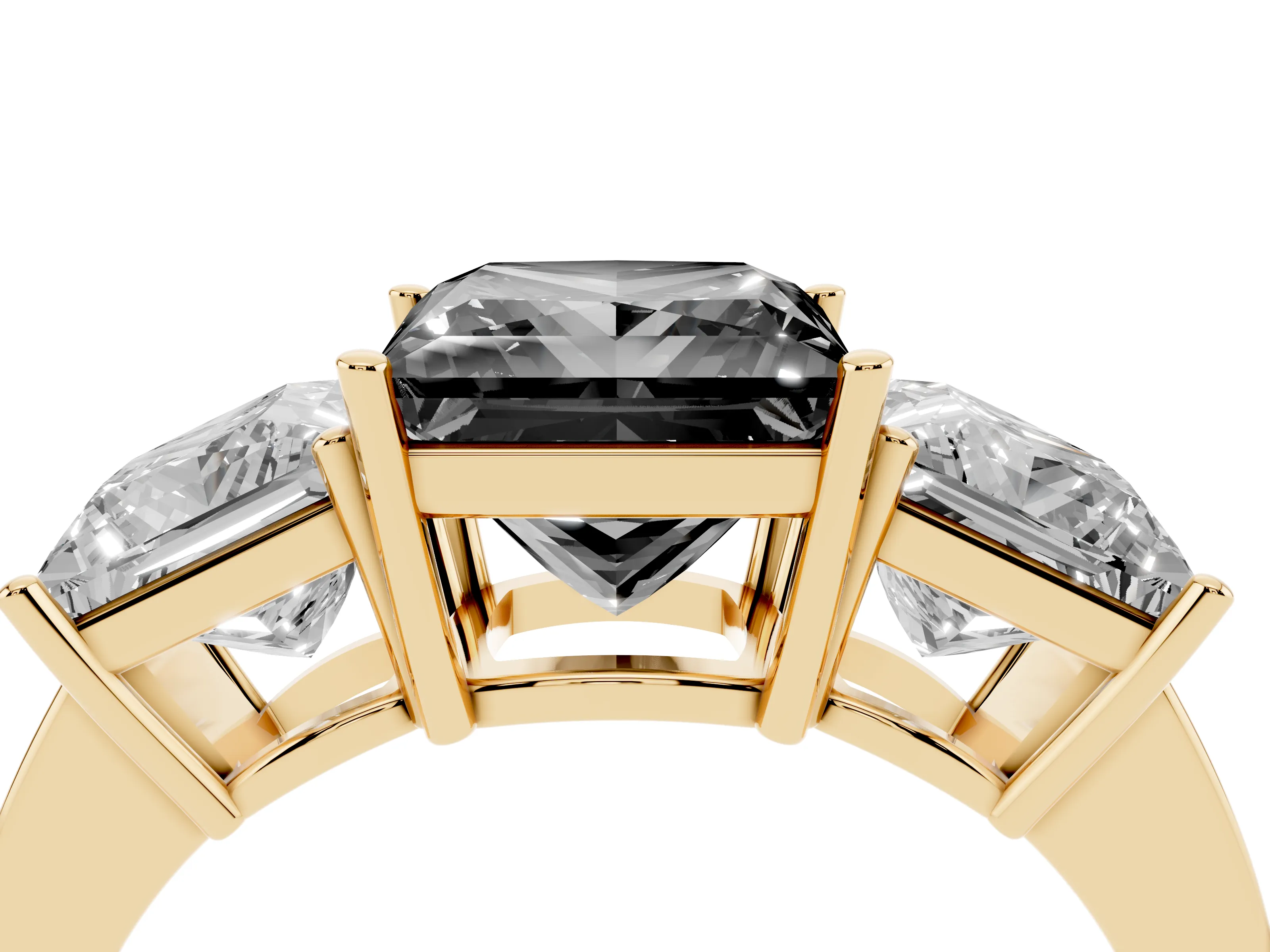 Fancy Black Princess Cut Diamond Three-Stone Engagement Ring Set in Yellow gold with Flat Band