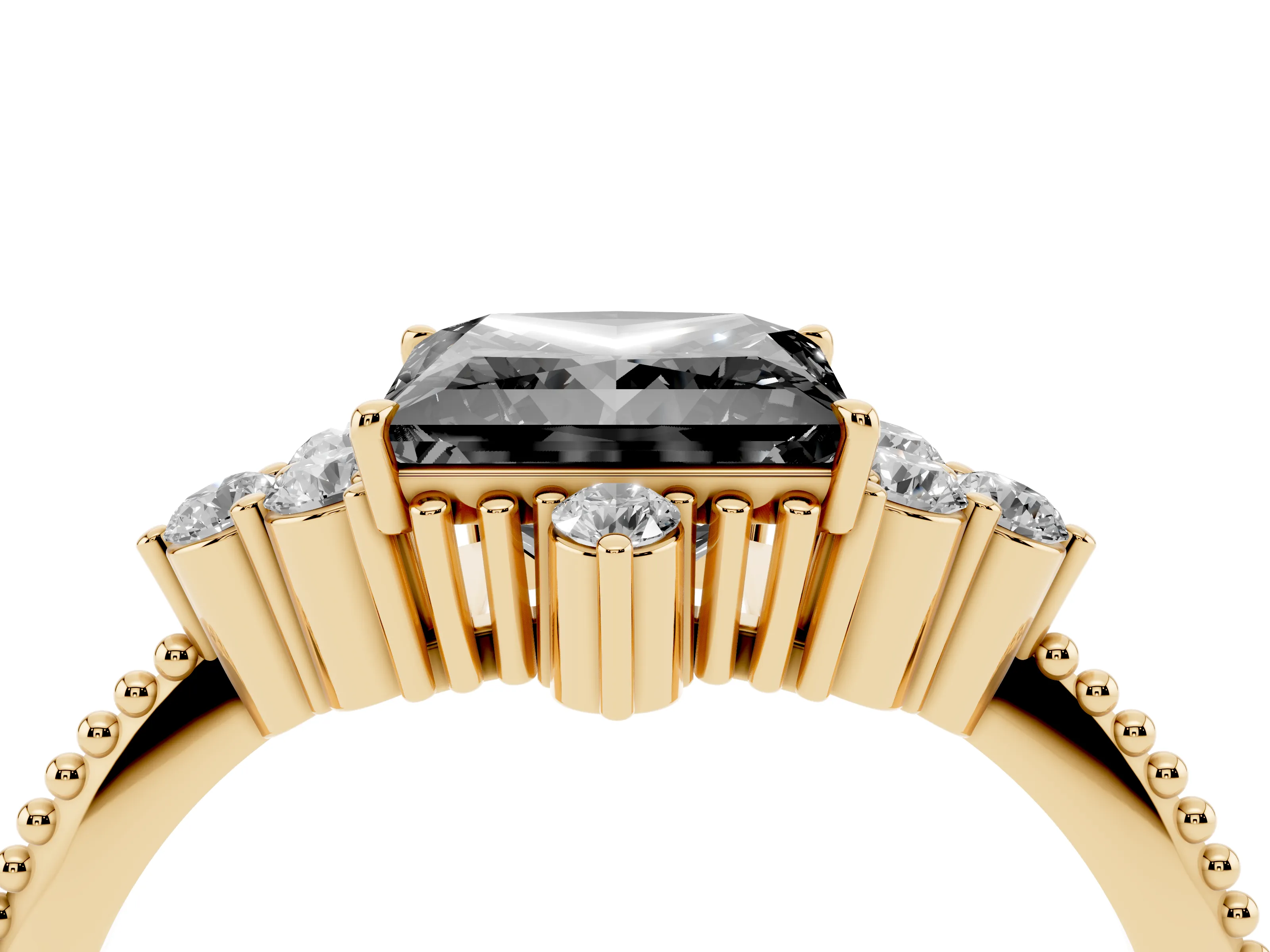 Fancy Black Princess Cut Diamond Cluster Ring Set in Yellow gold with Beaded Band
