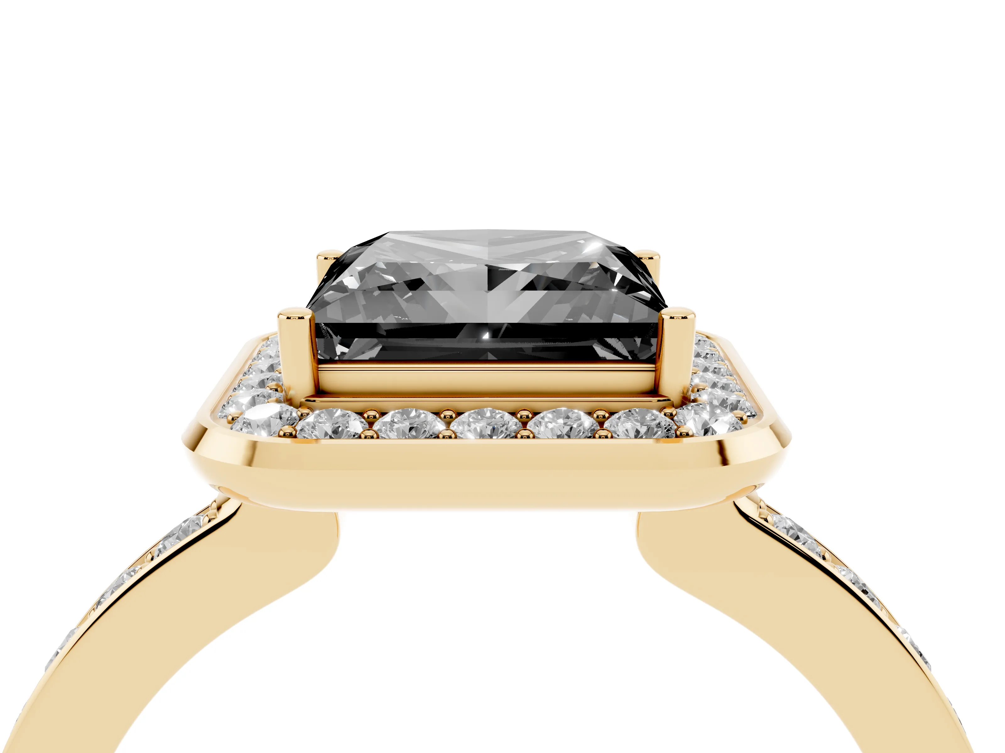 Fancy Black Princess Cut Diamond Halo Ring Set in Yellow gold with Bezel Frame and Pavé Band