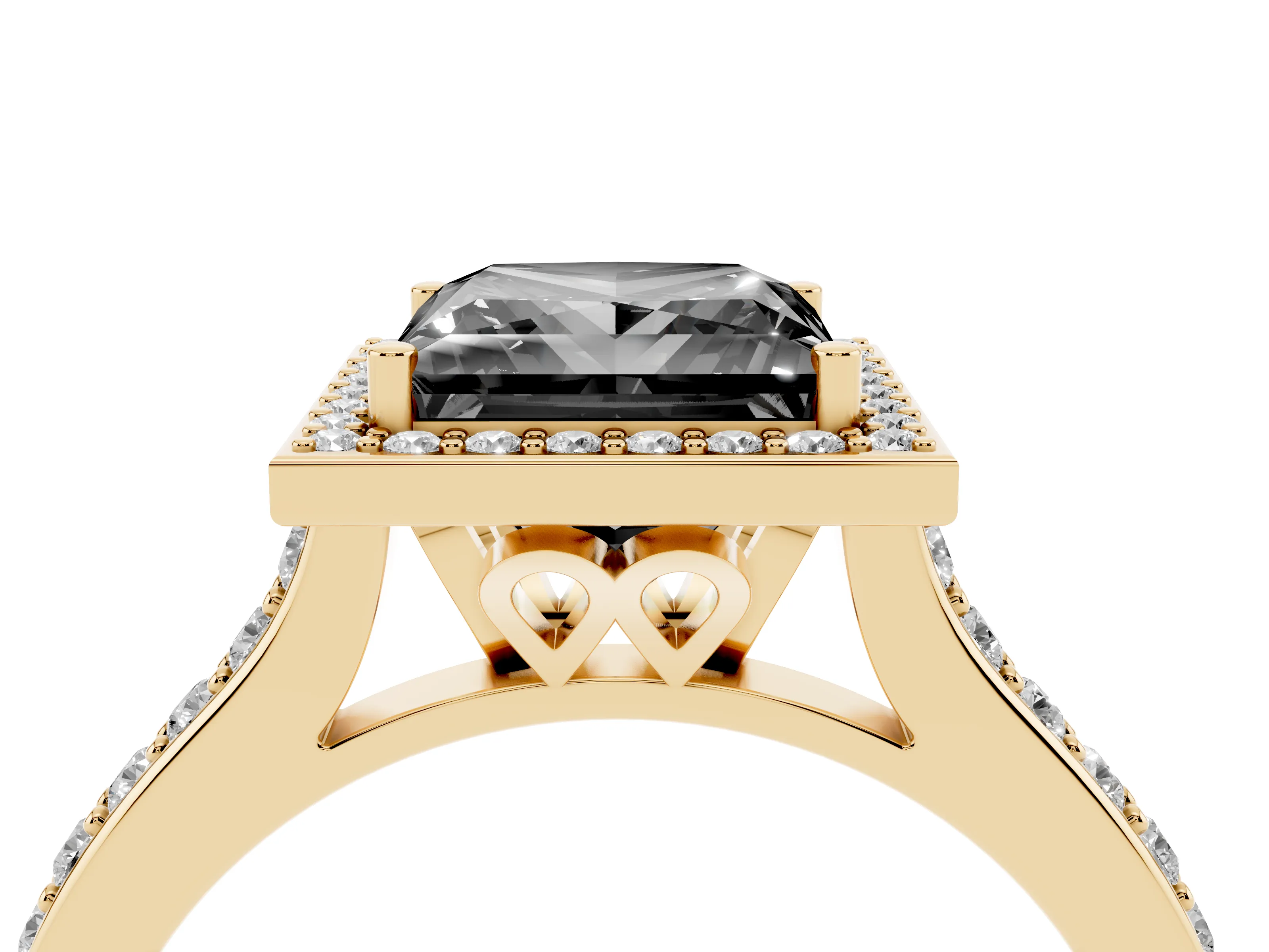 Fancy Black Princess Cut Diamond Halo Engagement Ring Set in Yellow gold with Round Pavé Shoulders and Heart Gallery