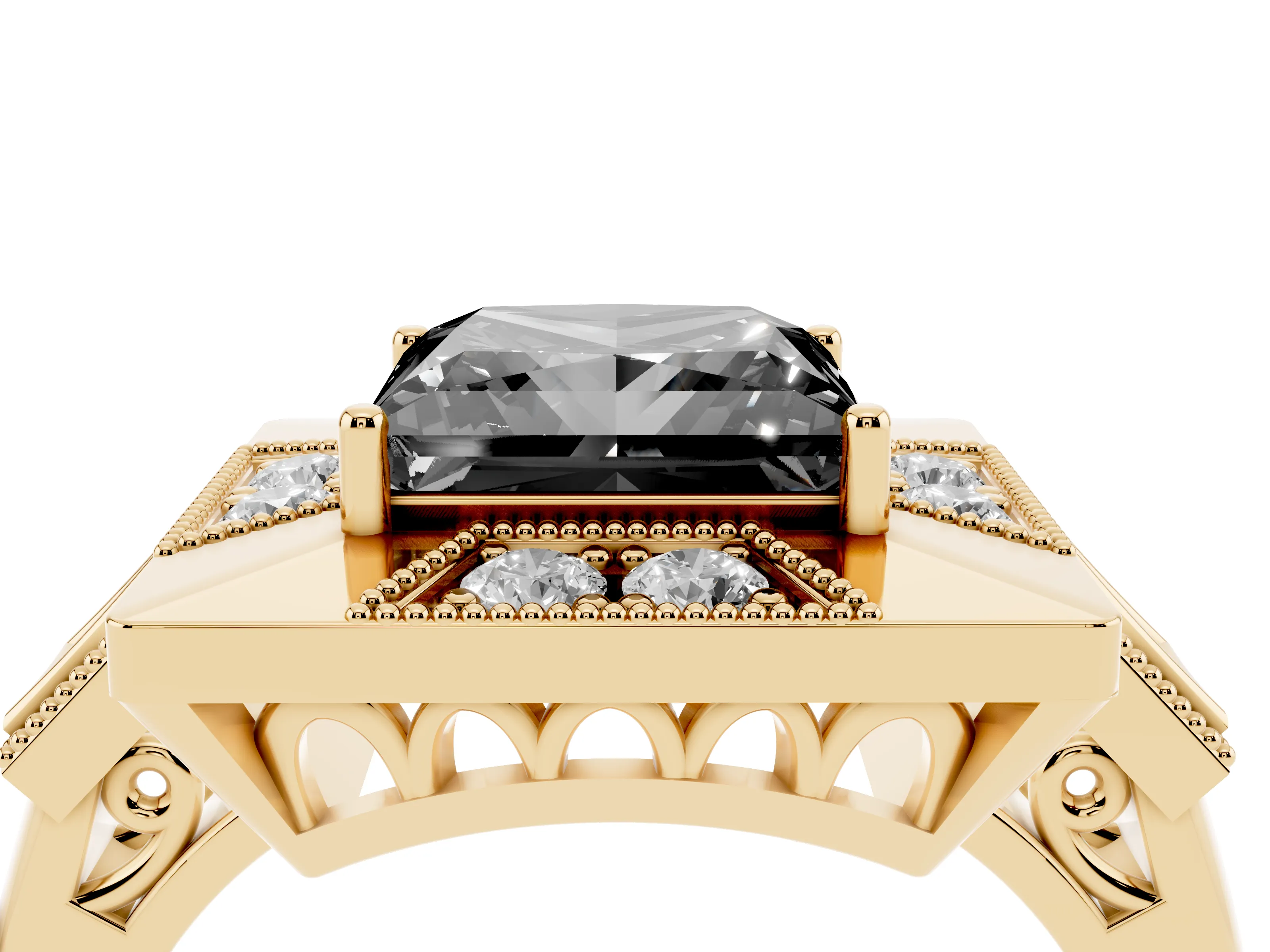 Fancy Black Princess Cut Diamond Milgrain Halo Ring Set in Yellow gold with Split Shank