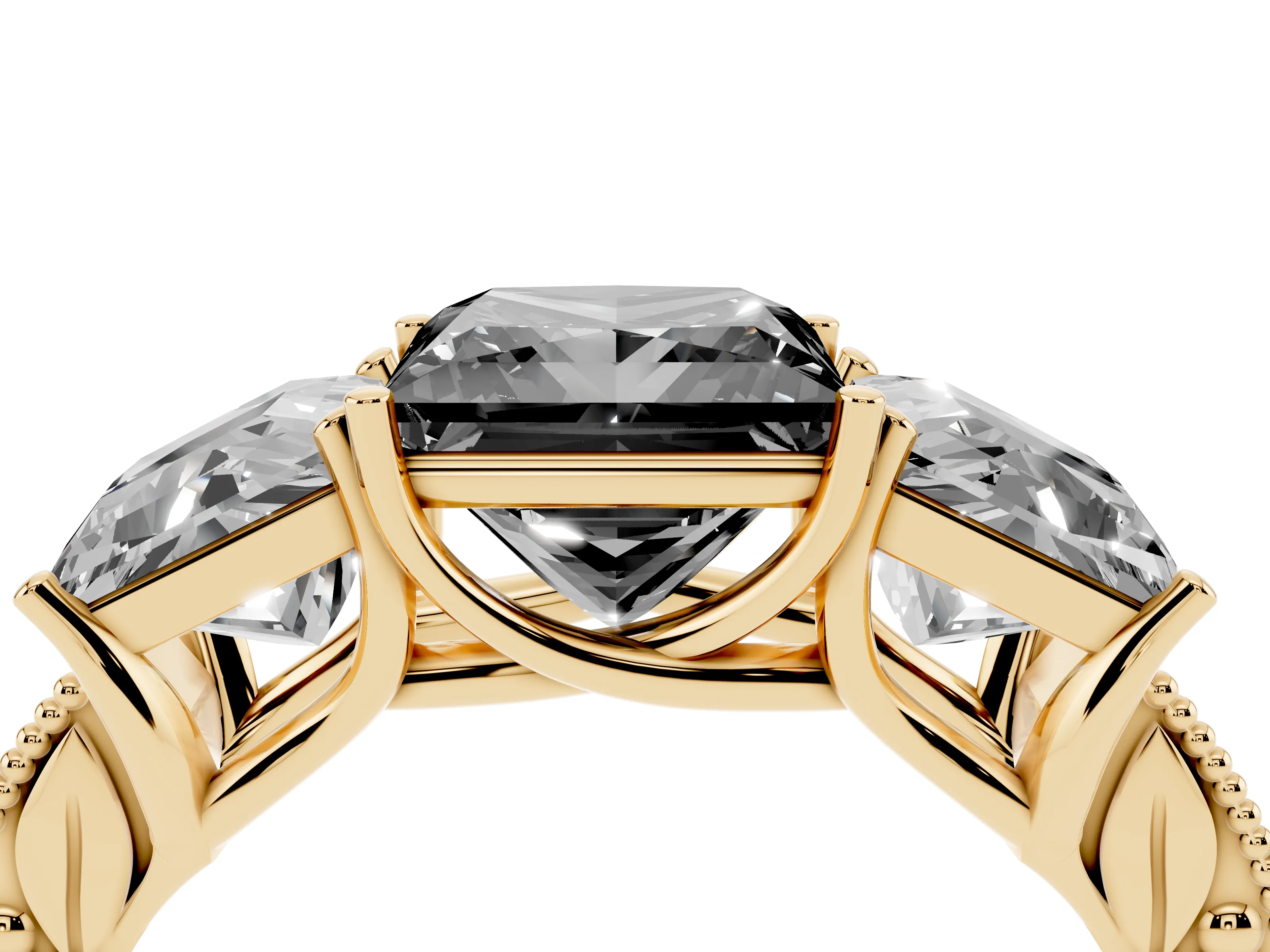 Fancy Black Princess Cut Diamond Three-Stone Engagement Ring Set in Yellow gold with Milgrain Pavé Band