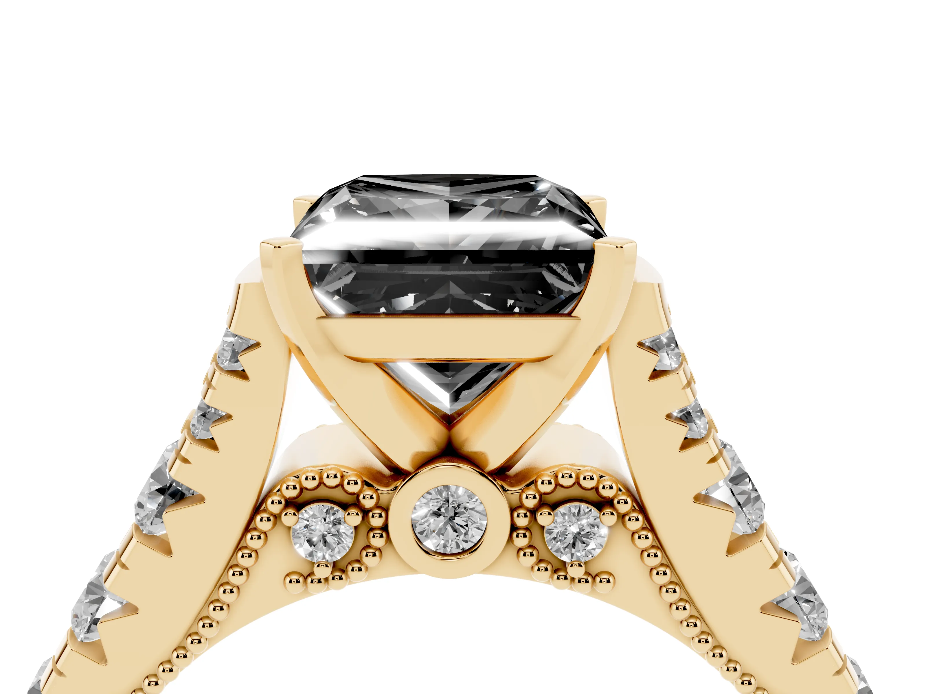 Fancy Black Princess Cut Diamond Classic Solitaire Ring Set in Yellow gold with Pavé Band and Prong Setting