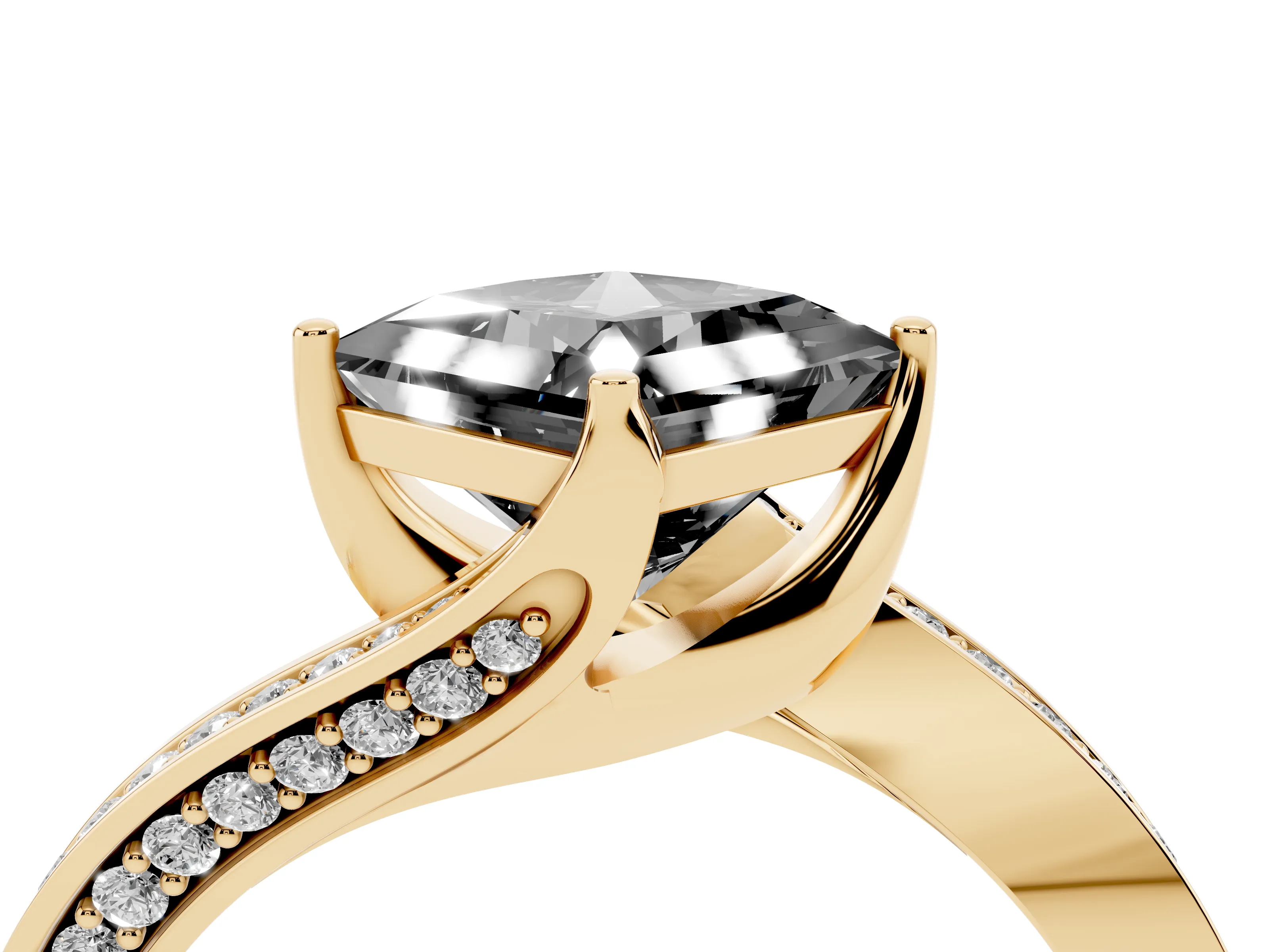 Fancy Black Princess Cut Diamond Solitaire Ring Set in Yellow gold with Intertwined Pavé Twist Band