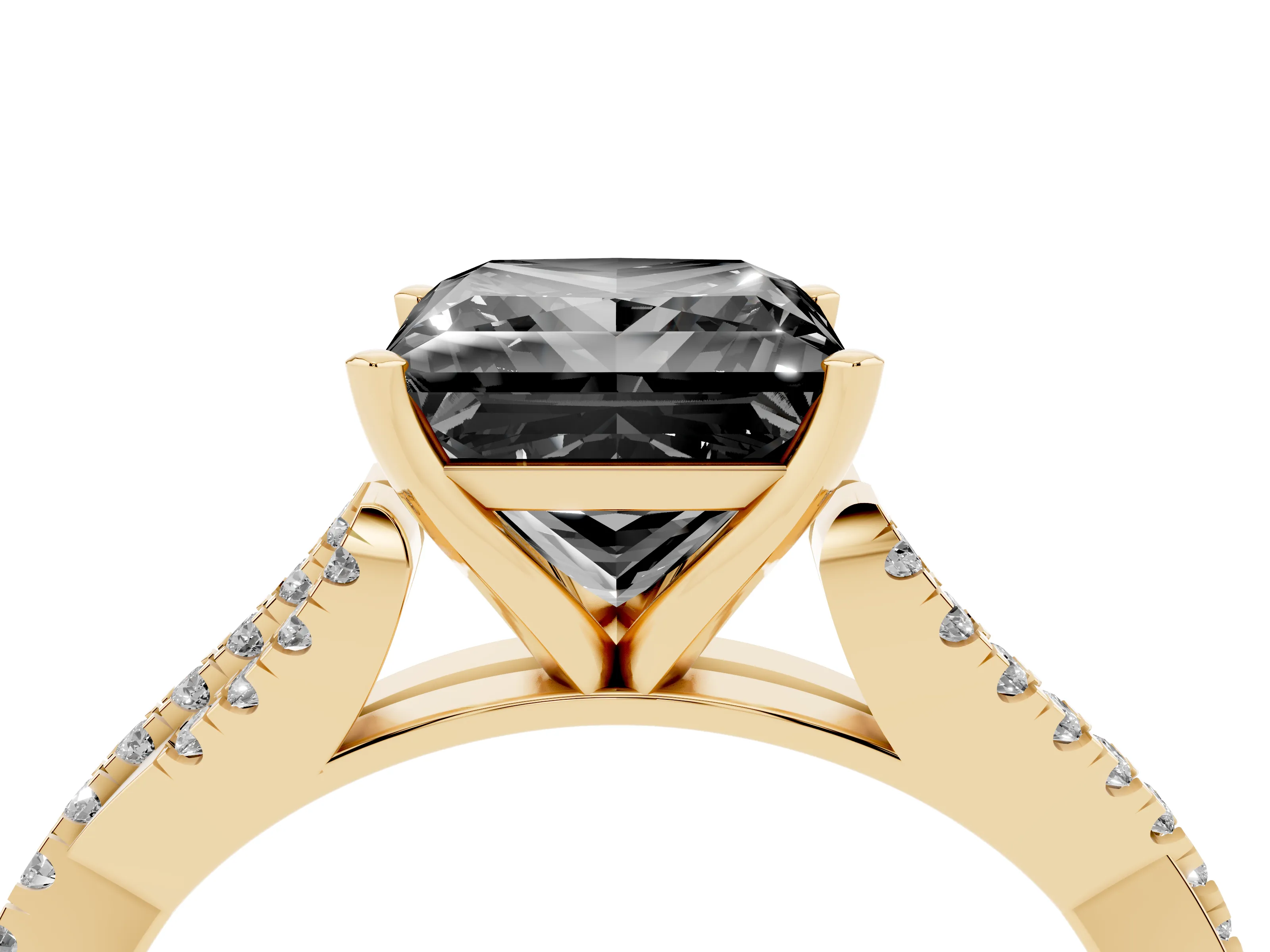 Fancy Black Princess Cut Diamond Solitaire Engagement Ring Set in Yellow gold with Twisted Pavé Band and Prong Setting