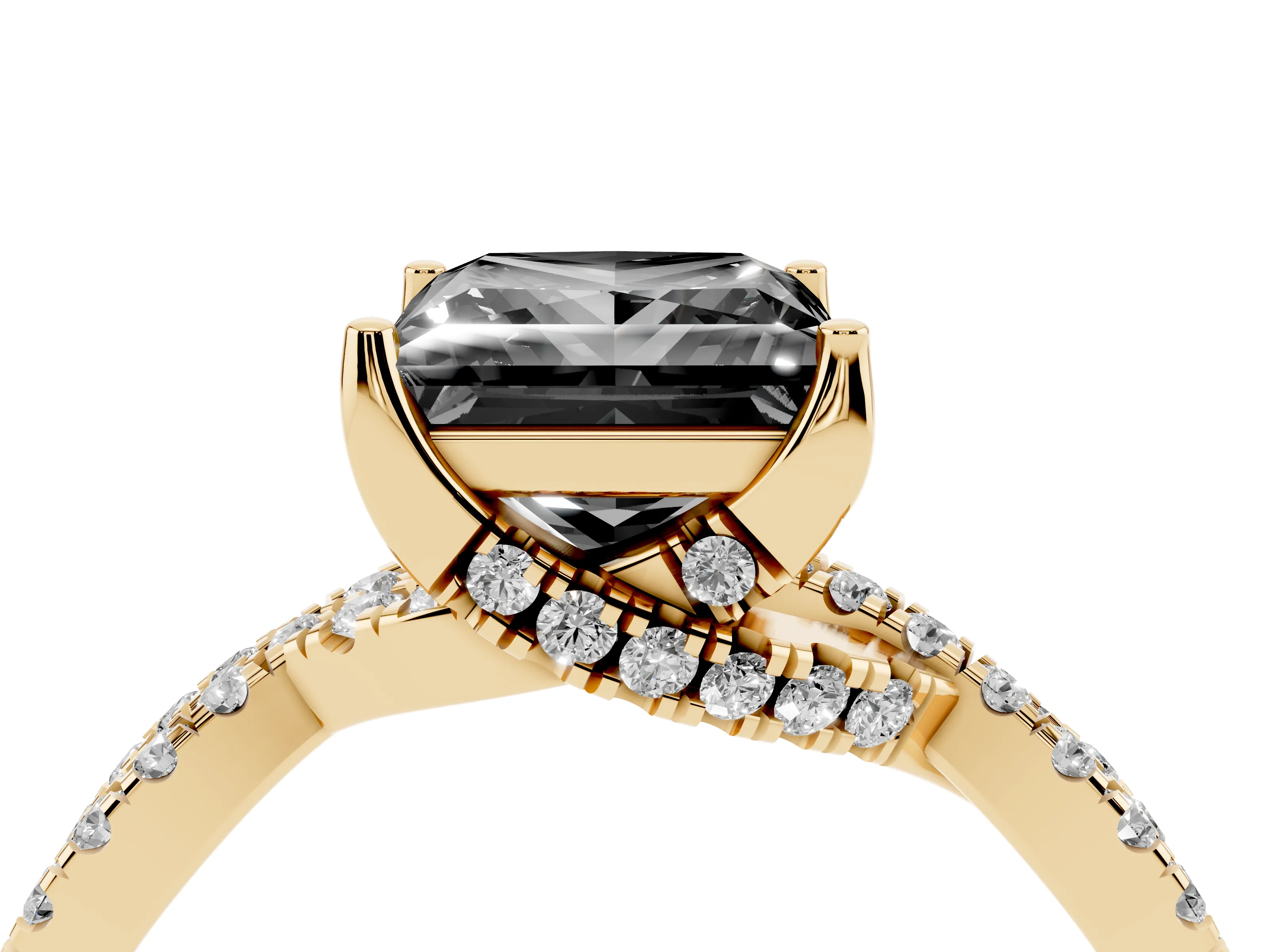 Fancy Black Princess Cut Diamond Twist Pavé Solitaire Engagement Ring Set in Yellow gold with Prong Setting