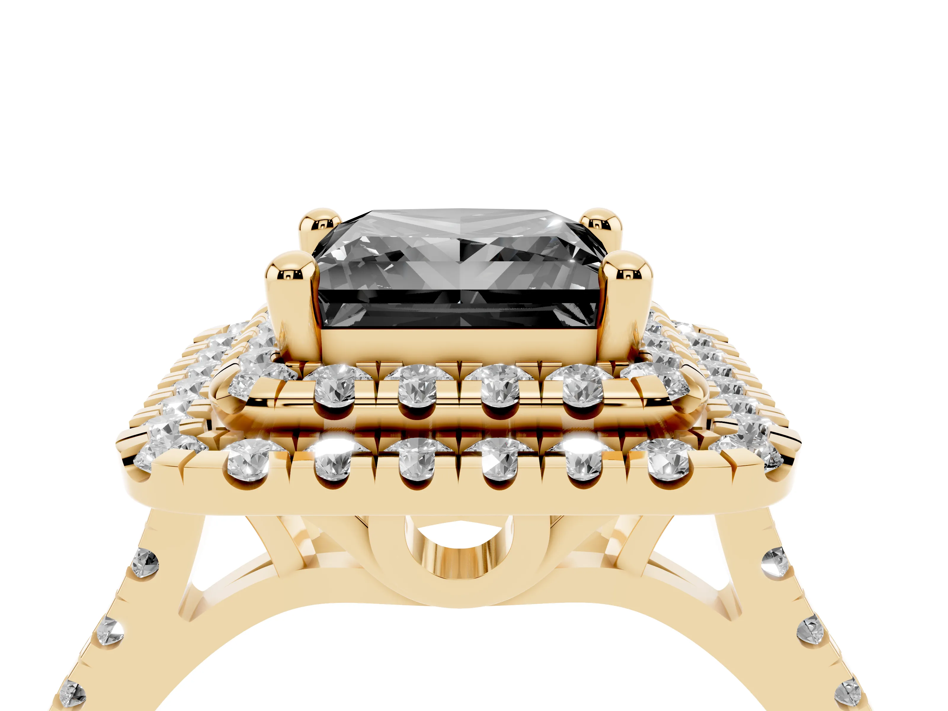 Fancy Black Princess Cut Diamond Double Halo Statement Ring Set in Yellow gold with Pavé Band