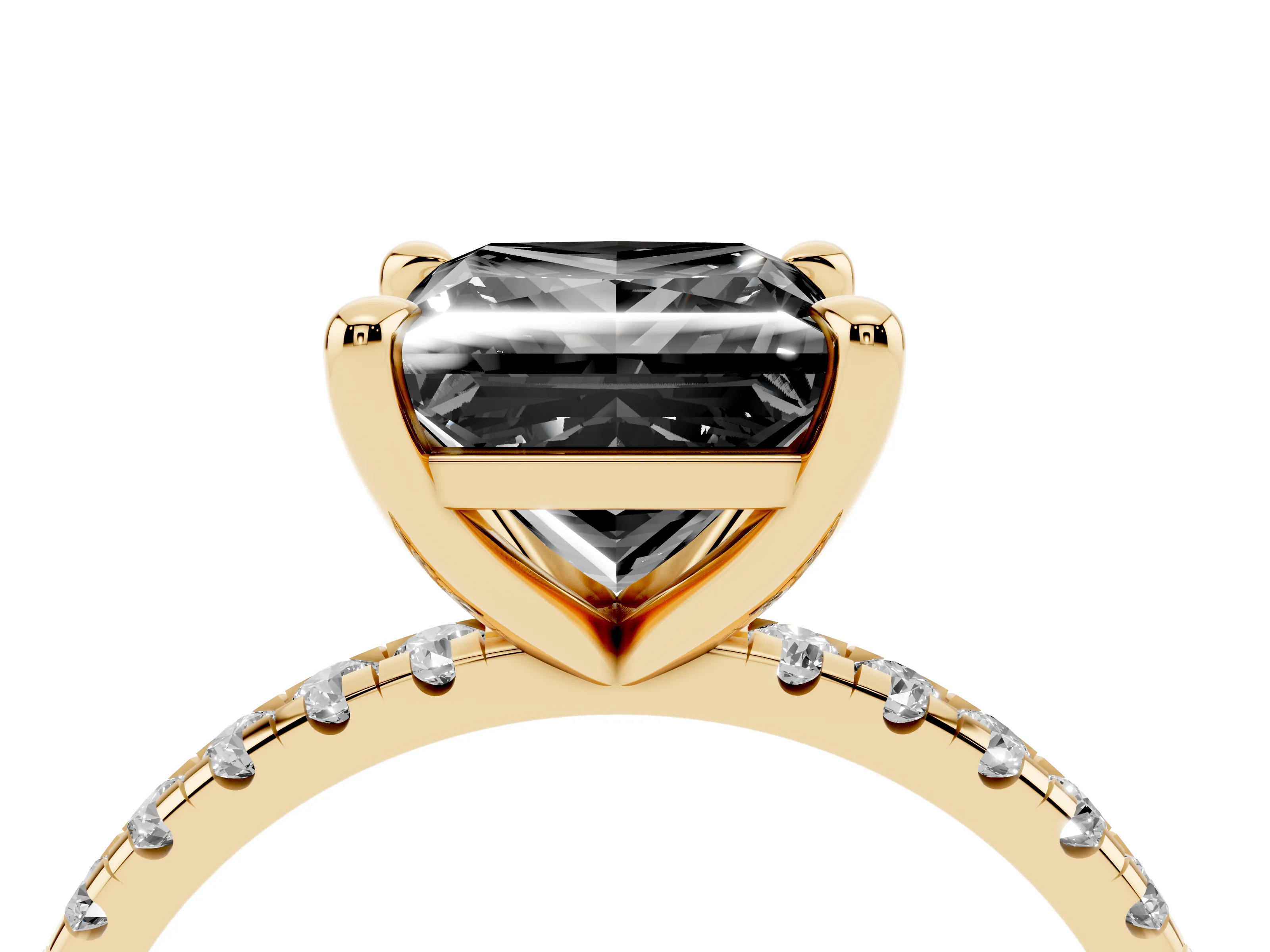 Fancy Black Princess Cut Diamond Brilliant Solitaire Ring Set in Yellow gold with Pavé Band and Prong Setting