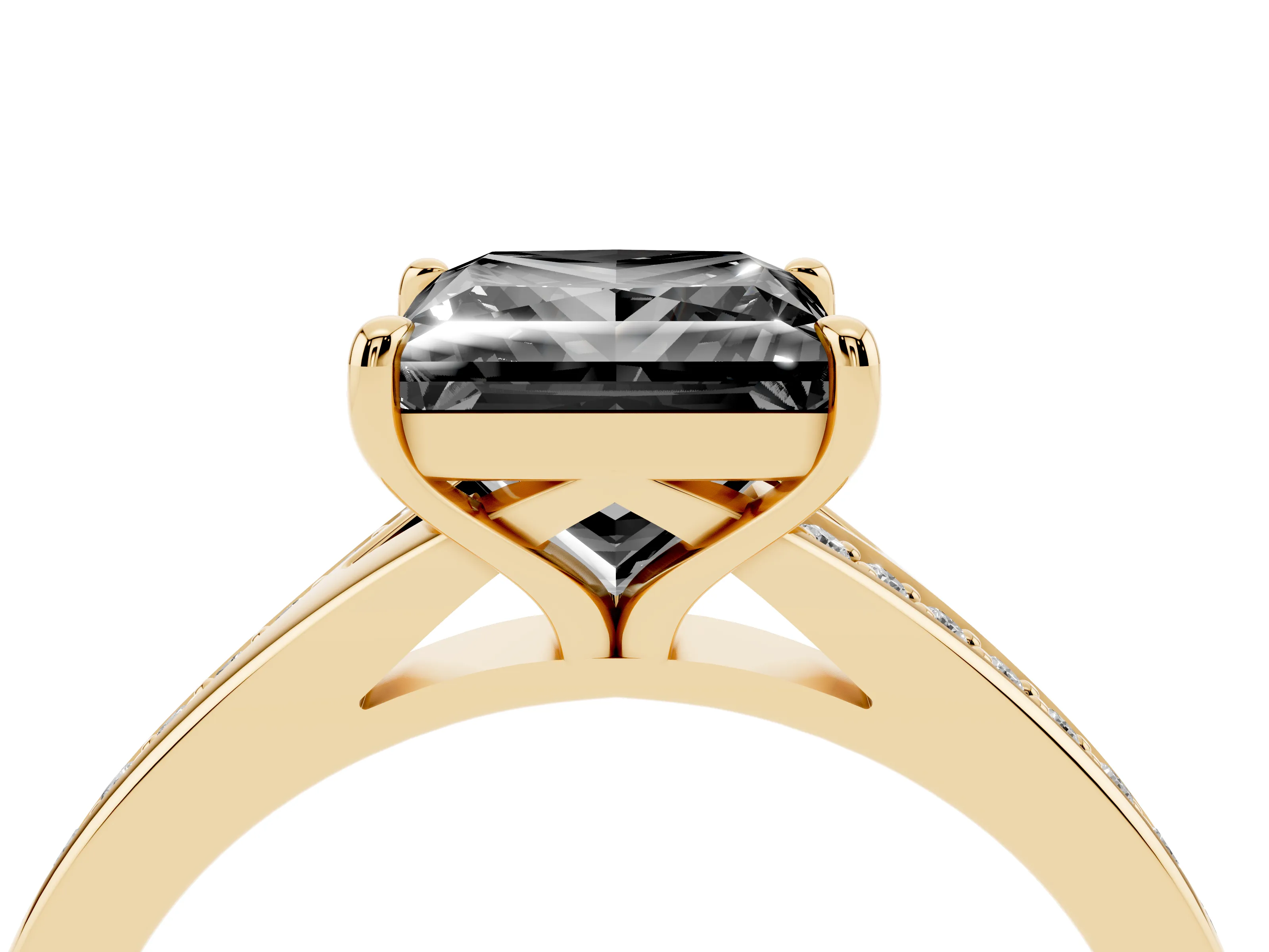 Fancy Black Princess Cut Diamond Solitaire Ring Set in Yellow gold with Pavé Accent Band and Classic Prong Setting