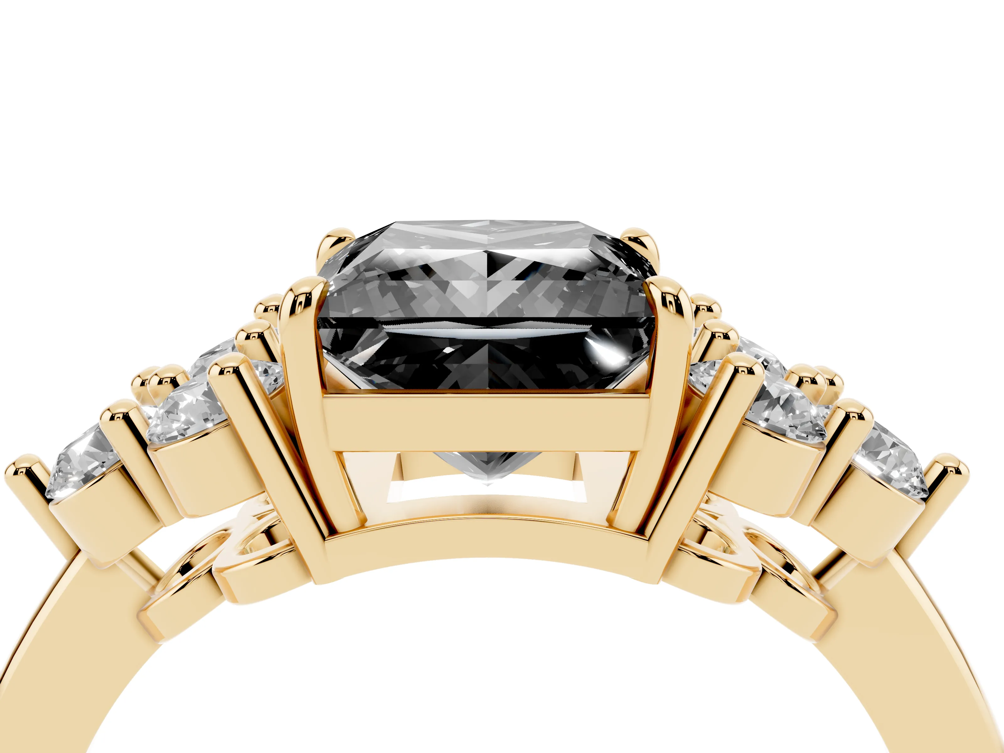 Fancy Black Princess Cut Diamond Solitaire Ring Set in Yellow gold with Cluster Accents on Each Side