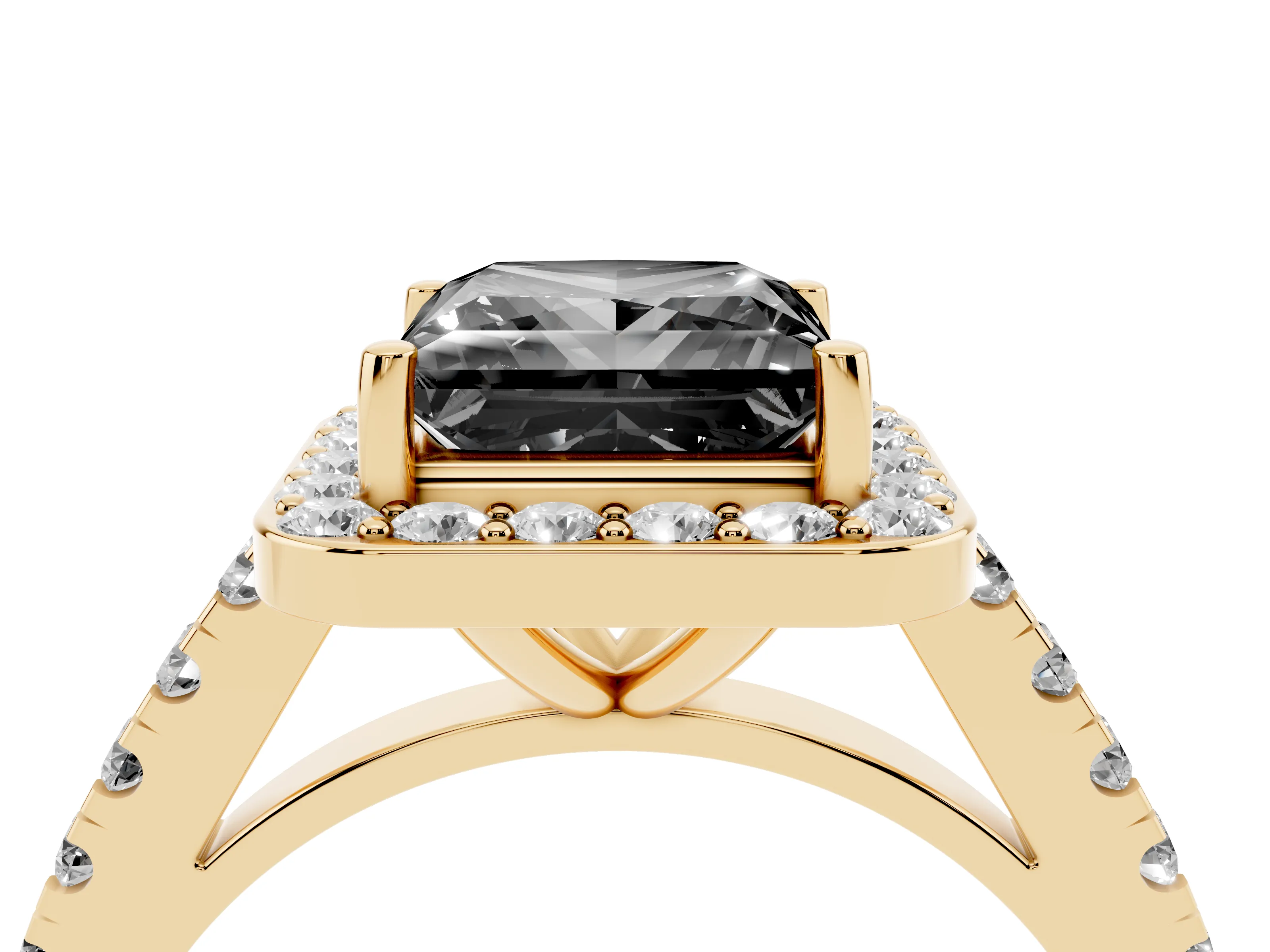 Fancy Black Princess Cut Diamond Halo Ring Set in Yellow gold with Round Pavé Split Shank and Prong Setting