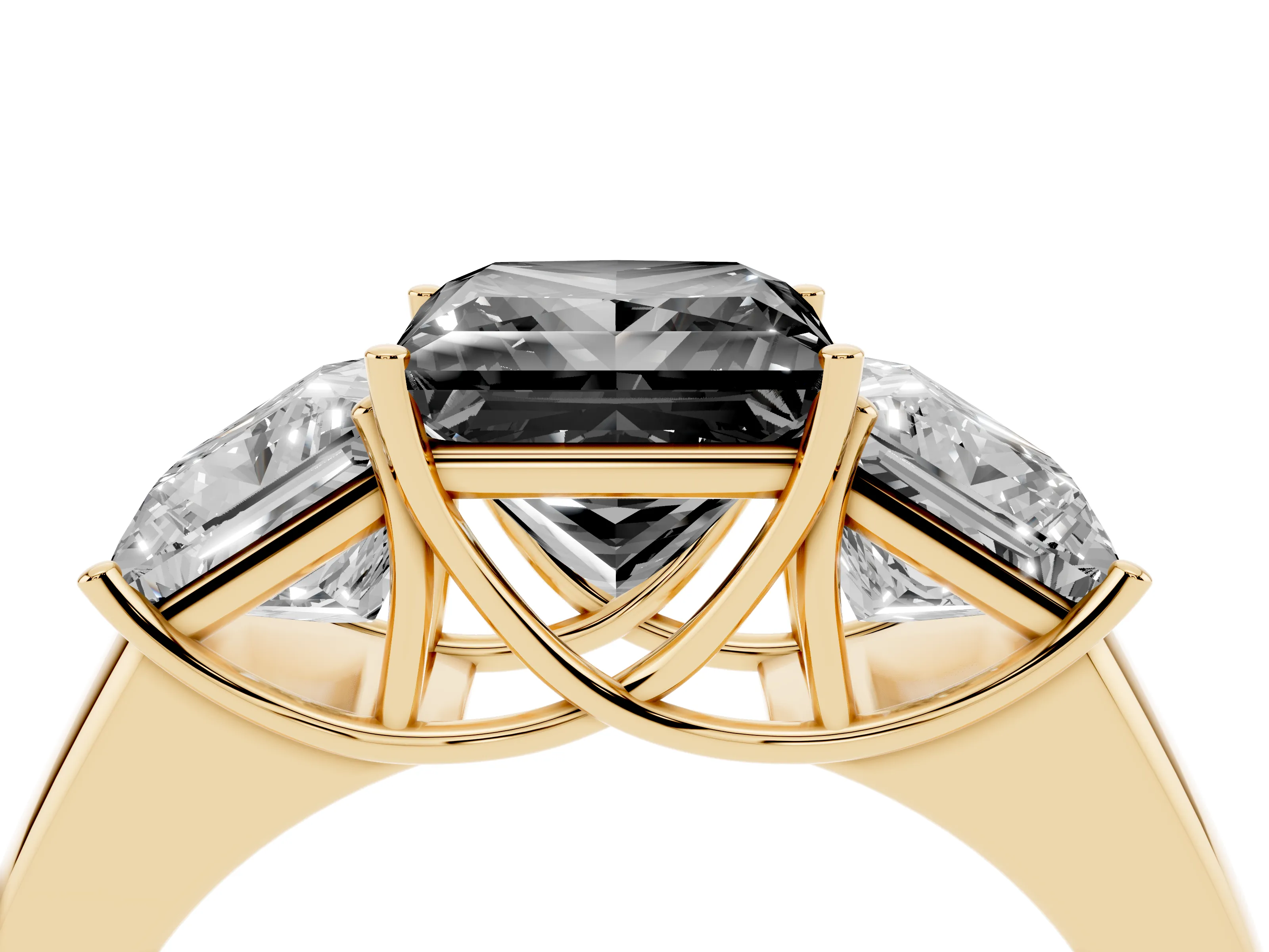 Fancy Black Three-Stone Princess Cut Diamond Ring Set in Yellow gold with Matching Prong Settings and Plain Band