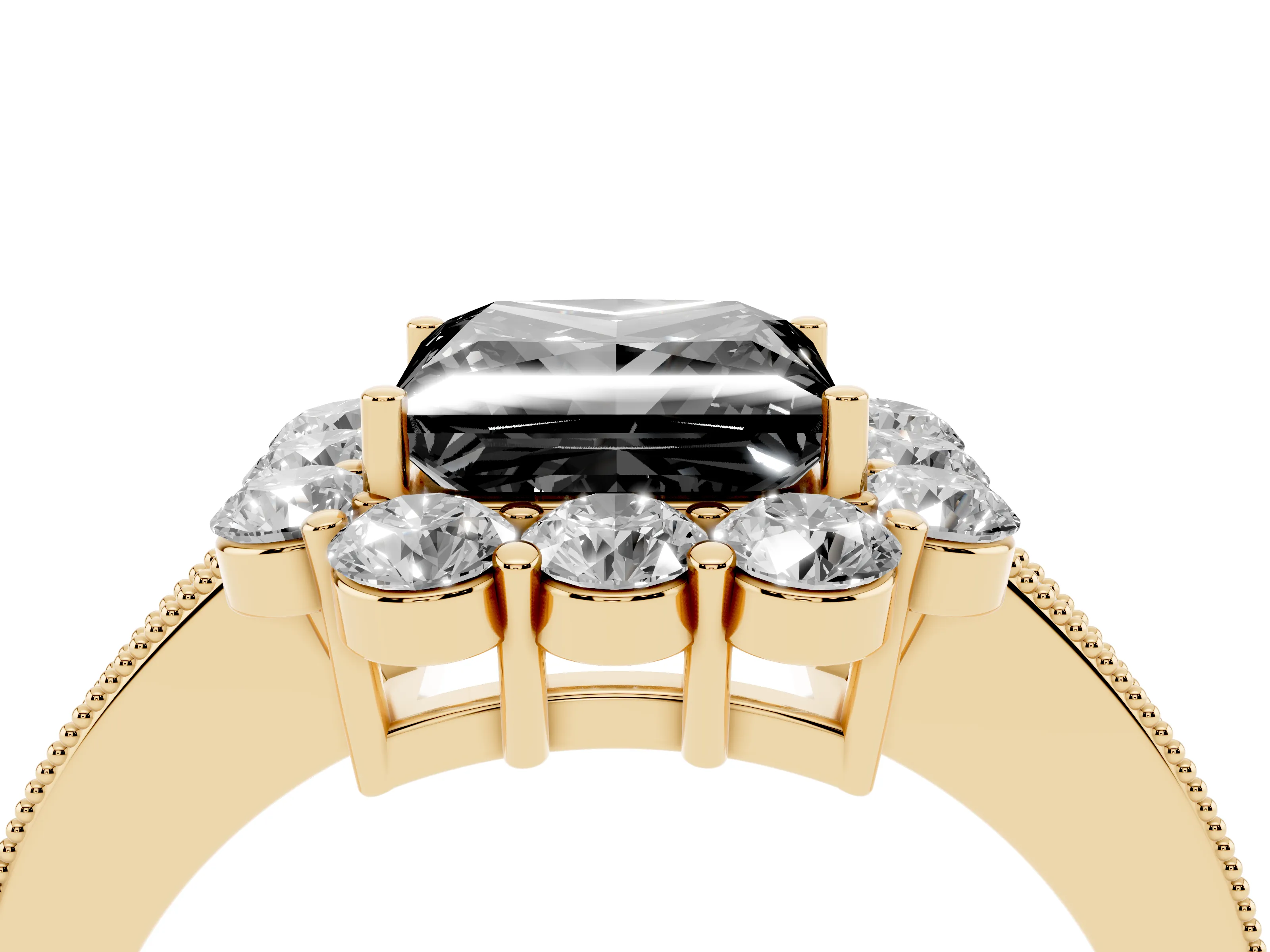 Fancy Black Princess Cut Diamond Halo Pavé Engagement Ring Set in Yellow gold with Milgrain Detailing