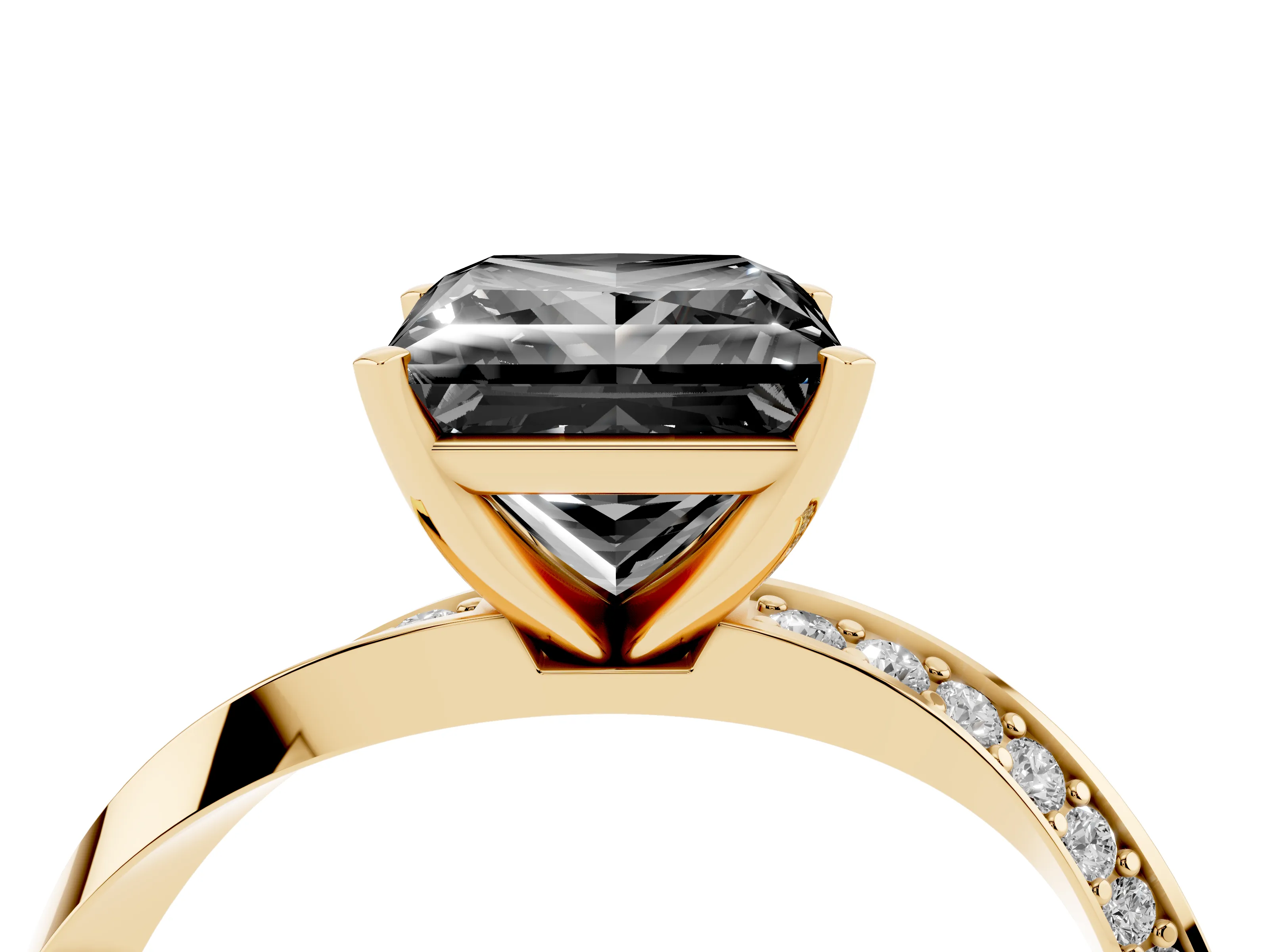 Fancy Black Princess Cut Diamond Engagement Ring Set in Yellow gold with Side Stone Accents and Prong Setting
