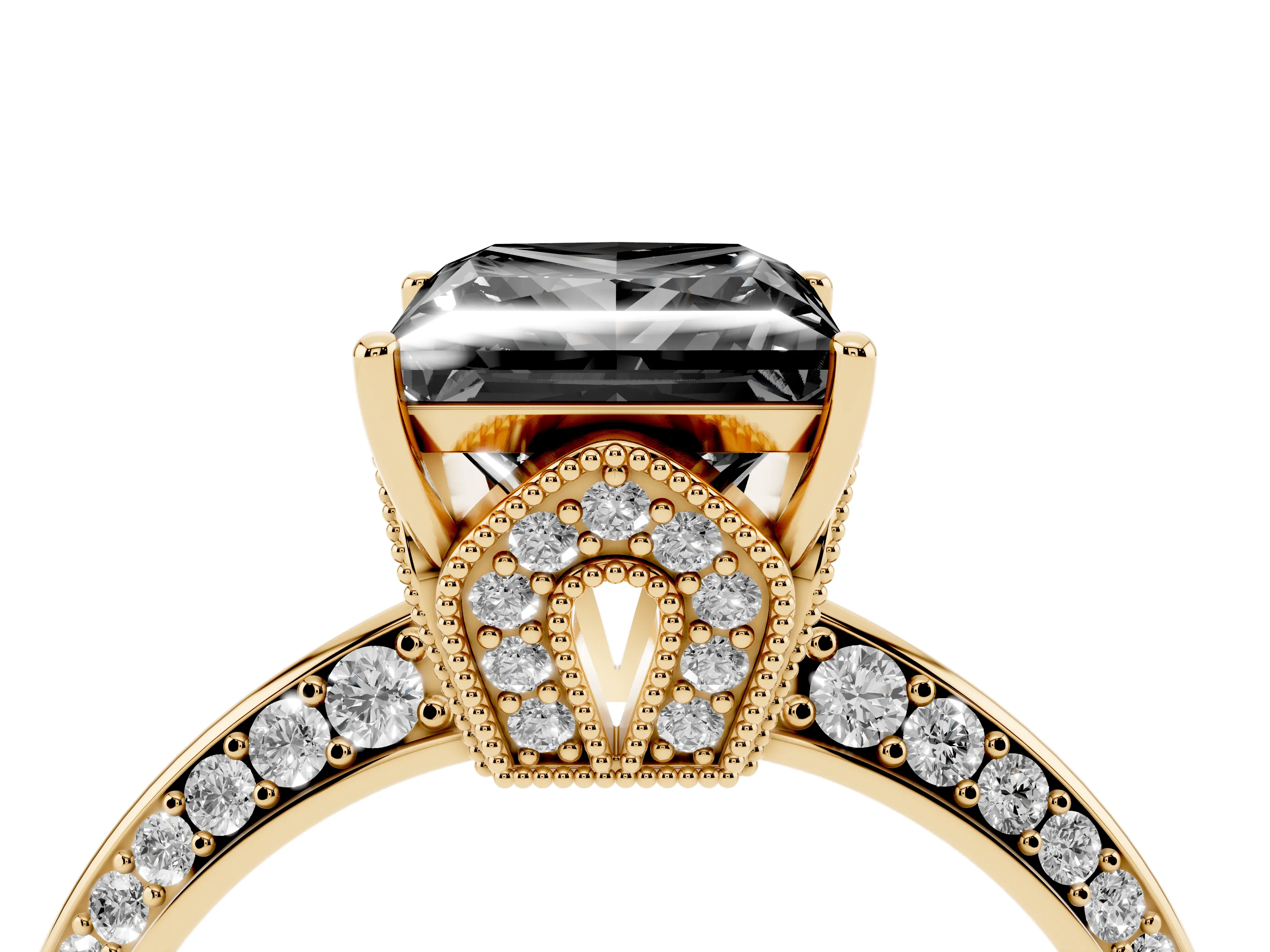Fancy Black Princess Cut Diamond Solitaire Engagement Ring Set in Yellow gold with Pavé Split Shank and Prong Setting